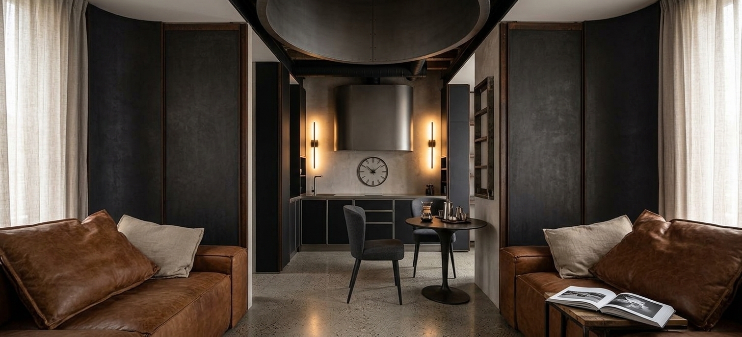 An incredibly lifelike, richly detailed, photorealistic wide-angle interior photograph of an open-concept living and dining suite set in a converted industrial urban loft. The scene is illuminated by warm, ambient glows from sleek vertical wall sconces and soft, diffused daylight filtering through floor-to-ceiling side curtains, creating a moody, ruggedly sophisticated atmosphere. Captured with a full-frame camera mounted with a 24mm tilt-shift lens, emphasizing the tactile textures of weathered surfaces, polished finishes, and striking architectural symmetry. In the foreground, two low-profile vintage leather sofas upholstered in richly worn, cognac-brown hides face each other, piled with relaxed linen cushions, while an open photography book rests beside industrial reclaimed wood side tables. A seamless polished concrete floor with subtle aggregate flecks leads the eye down the central hallway beneath exposed matte-black ductwork, structural steel beams, and a sculptural recessed oval ceiling feature. Flanking the corridor are towering warehouse-style pocket doors finished in textured charcoal panels and oxidized rust-iron trims. In the midground dining nook, an elegant round cast-iron bistro table is paired with contemporary dark gray upholstered chairs and set with an artisanal metal pour-over coffee service. Anchoring the deep background is a bespoke kitchenette clad in matte black cabinetry, brushed metallic trim, and a smooth curved range hood, offset on the exposed plaster wall by an understated, oversized industrial wall clock that completes the refined loft aesthetic.