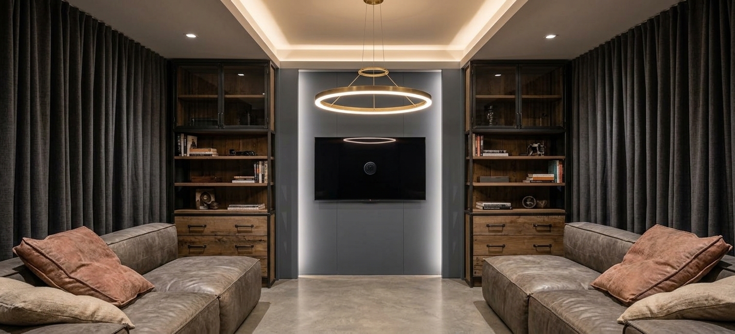 An incredibly lifelike, richly detailed, photorealistic wide-angle interior photograph of an industrial loft living room set in a spacious urban warehouse conversion. The scene is illuminated by the warm, luminous glow of a suspended double-tiered circular brass halo chandelier and soft architectural backlighting, creating an intimate, moody, and rugged atmosphere. Captured with a full-frame camera and a 24mm tilt-shift lens, emphasizing the rich textures of weathered leather, matte black metal, and seamless polished concrete flooring. Flanking the central corridor, two low-profile vintage leather modular sofas in distressed warm gray invite relaxation, dressed with textured throw pillows in faded rust and natural linen tones. Along the outer walls, full-height, heavy-weave charcoal draperies hang in deep, sculptural folds, framing symmetrical bespoke cabinetry built from welded blackened steel and reclaimed wood that display artful photography books and industrial artifacts across open shelving. Centered on the far accent wall beneath clean architectural recesses, an ultra-thin widescreen television is flush-mounted against slate-gray paneling, establishing an impeccably balanced perspective that merges raw, repurposed factory elegance with tailored modern comfort.