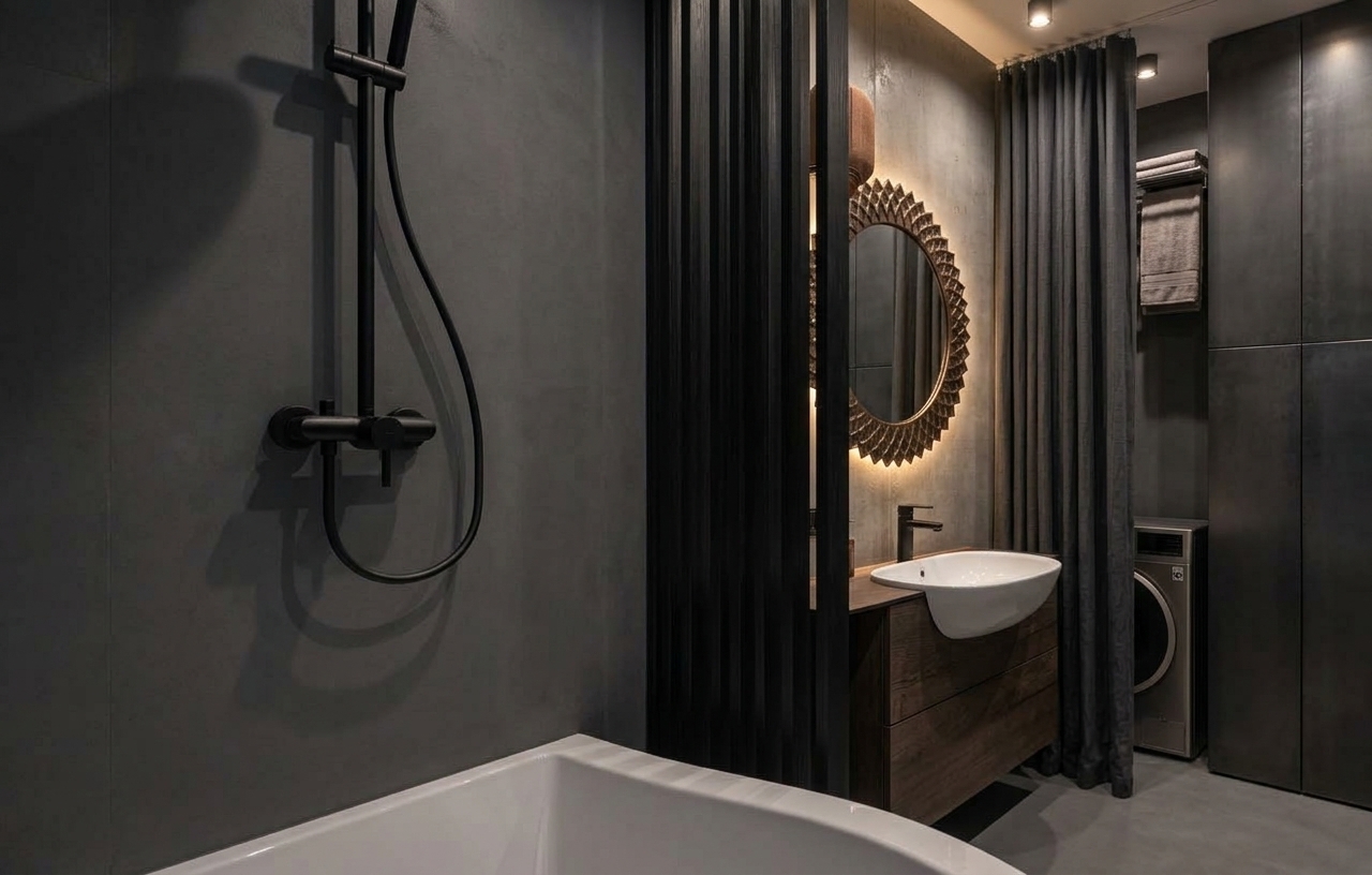 An incredibly lifelike, richly detailed, photorealistic wide-angle interior shot of a sophisticated designer bathroom set in a spacious urban industrial loft. The scene is illuminated by warm, recessed directional downlights and a soft, ambient halo radiating from behind the vanity mirror, creating a moody, serene, and luxurious atmosphere. Captured with a 24mm architectural tilt-shift lens on a full-frame camera, emphasizing the crisp geometric lines, smooth gradients, and contrasting tactile textures of polished concrete, blackened steel, and raw timber in a palette of deep slate gray, charcoal, and warm rust accents. In the foreground, a matte-black wall-mounted thermostatic shower mixer with an exposed riser rail and flexible hose gleams subtly against smooth, waterproof dark-gray microcement walls beside the refined porcelain rim of a deep soaking tub. A floor-to-ceiling partition of slender, vertical blackened-wood slats introduces striking rhythm and depth, partially revealing a floating vanity cabinet topped with a clean white vessel sink and an eye-catching, sunburst-textured metal mirror frame. To the right, heavy, accordion-folded charcoal linen drapery hangs smoothly from a ceiling-mounted track, elegantly partitioning the space from a functional utility alcove fitted with a brushed-metallic front-loading washing machine, folded towels on a minimalist steel rack, and seamless full-height storage cabinetry that cements the refined warehouse aesthetic.