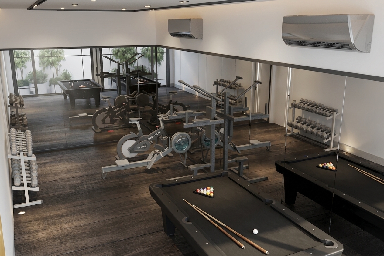 A crisp architectural photograph capturing the exact room layout, illuminated by neutral recessed ceiling spotlights balanced with soft daylight entering from the patio. The black pool table displays fine-textured felt, polished resin balls, and satin-finish wooden cues, while the gym equipment features authentic powder-coated steel, rubberized grips, and realistic mechanical wear. Full-height wall mirrors provide crisp, physically accurate reflections with subtle surface micro-imperfections. Shot on a wide-angle lens at f/8, showcasing rich material textures, natural contact shadows, and clean, realistic dynamic range across the dark flooring and white walls.