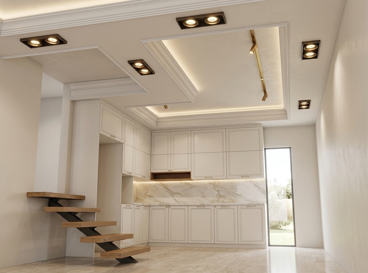A wide-angle architectural photograph capturing this exact kitchen and staircase layout transformed into an elegant neoclassical interior. The geometric cabinetry is finished in smooth, satin off-white neoclassical shaker-style doors with subtle recessed profiles, complemented by warm natural oak for the floating stair treads and open display niches. Integrated warm cove lighting in the stepped tray ceiling and soft recessed downlights illuminate the room with a balanced 3000K glow, while clear daytime light filters through the tall glass door. Micro-textured matte painted walls, delicate marble veining on the backsplash, and soft, natural reflections across the floor bring realistic depth and tactile fidelity to the entire composition without altering its architecture or camera angle.