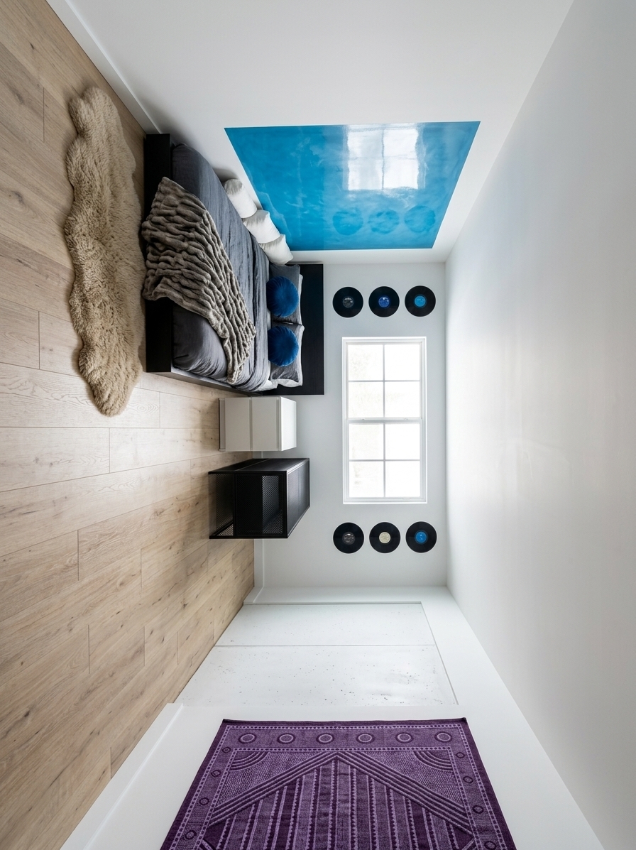 An incredibly lifelike, richly detailed, photorealistic wide-angle interior shot of a serene minimalist bedroom set in a modern urban retreat. The scene is illuminated by soft, diffused daylight pouring through a central multi-pane window, creating a tranquil, airy, and zen-inspired atmosphere. Captured with a full-frame camera and a sharp 24mm architectural lens, emphasizing the crisp linear perspective, natural wood grain floors, and tactile contrast between plush fabrics and sleek industrial fixtures. Against the crisp white walls, a streamlined low-profile platform bed dressed in charcoal and slate-gray linens rests beside a plush, organic-shaped accent rug, bordered by minimalist cube nightstands and a clean-lined black mesh storage cabinet. Above, a sweeping abstract cerulean ceiling art installation draws the eye upward, while a curated arrangement of glossy vinyl record displays flanks the window. In the foreground, a rich purple patterned accent runner adds a sophisticated pop of color against the pristine, clutter-free monochromatic layout.