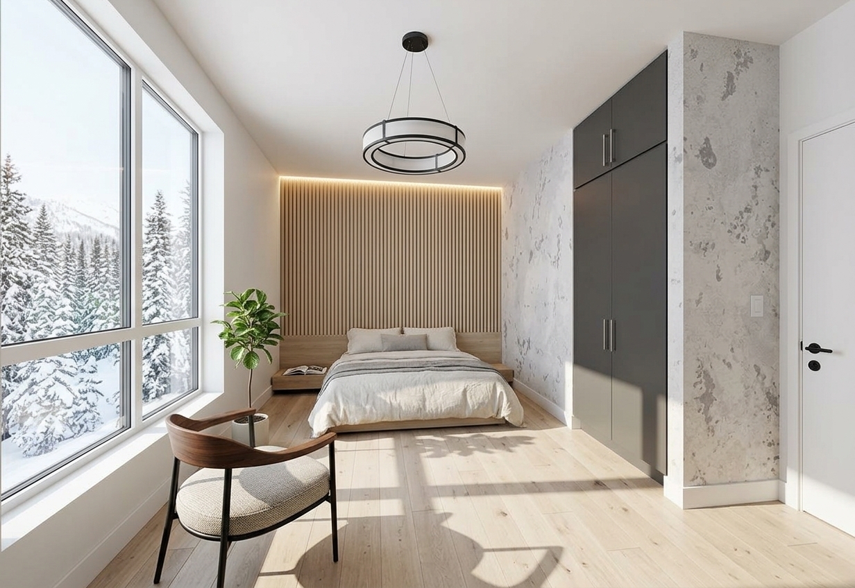 An incredibly lifelike, richly detailed, photorealistic wide-angle interior shot of a serene minimalist bedroom haven set in a tranquil, snow-covered alpine sanctuary during a bright winter midday. The scene is illuminated by crisp, abundant natural sunlight pouring through expansive floor-to-ceiling windows, creating a peaceful, warm, and Zen-inspired atmosphere with sharp, elegant light-and-shadow patterns across the room. Captured with a professional architectural camera and a 24mm tilt-shift lens, emphasizing the fine natural grain of pale oak flooring, the smooth matte texture of built-in charcoal cabinetry, and crisp architectural lines. 

Reimagined with refined sophistication, the space embraces an uncluttered, monochromatic palette of crisp whites, soft mineral grays, and subtle pastel stone tones. The low-profile platform bed is dressed in breathable, textured linen with plush, streamlined pillows, anchored by a seamless white oak slatted accent wall with concealed warm LED cove lighting. Beside the bed, a floating timber ledge holds an open monochrome fine-art photography book, while a large, framed minimalist abstract canvas in gentle plaster reliefs adorns the adjacent wall. A sculptural black metal and walnut armchair sits gracefully in the foreground next to a slender potted ficus plant, effortlessly harmonizing elegant functionality with the breathtaking panoramic views of snow-draped pine forests outside.
