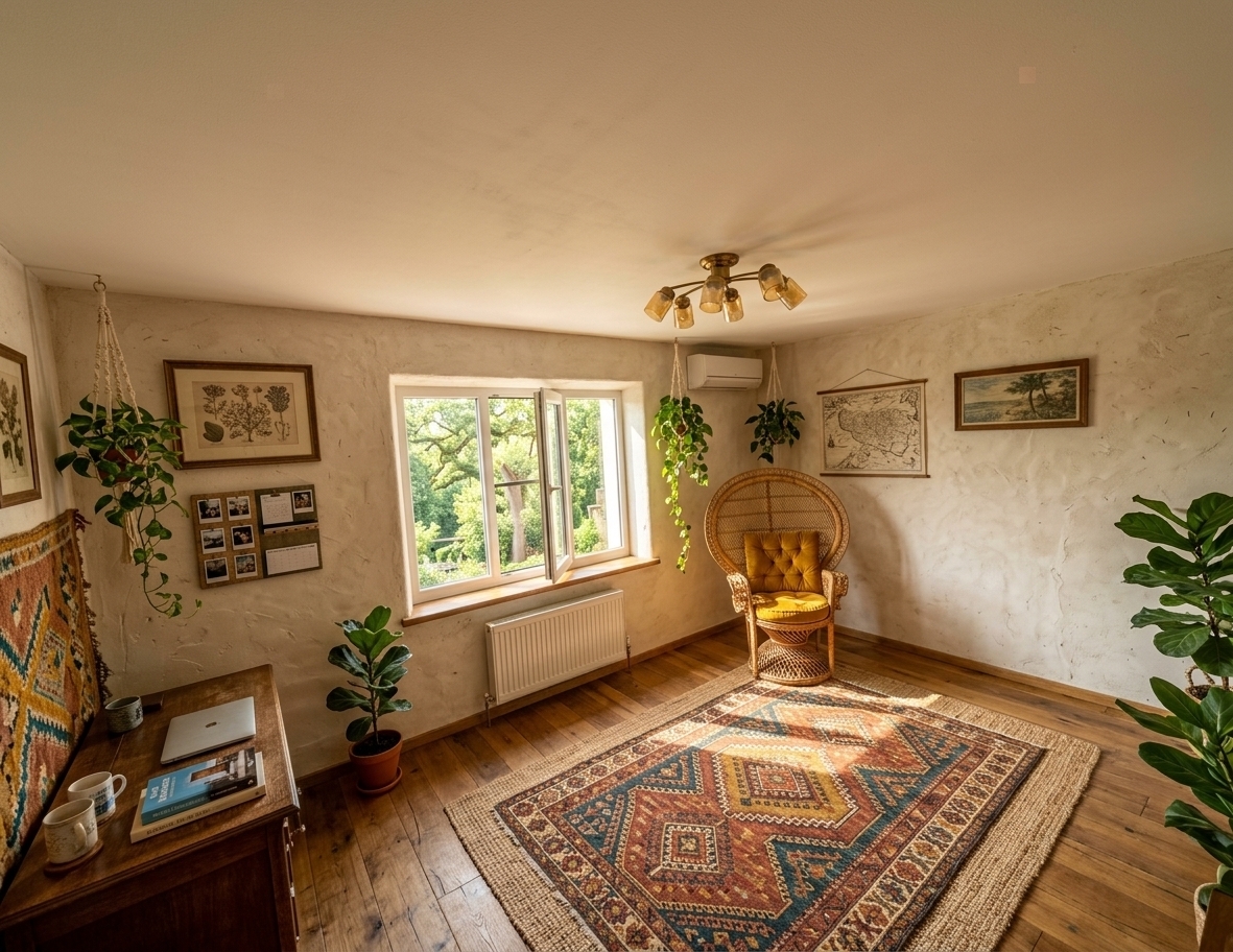 An incredibly lifelike, richly detailed, photorealistic wide-angle shot of a bohemian oasis study room set in a thoughtfully reimagined, sun-drenched home office. The scene is illuminated by golden afternoon light streaming through the casement window and softened by the gentle amber glow of a handwoven bamboo pendant lamp, creating a deeply warm, tranquil, and creative atmosphere. Captured with a full-frame 24mm f/2.8 lens, emphasizing rich textile weaves, natural wood grains, and vibrant leafy details. 

The room is completely transformed from its dated aesthetic into a curated, globally-inspired sanctuary: the swirling wallpaper is replaced by warm plaster walls in an earthy bone-white, serving as a backdrop for a large, intricately woven textile tapestry bursting with shades of warm rust, mustard yellow, and deep teal. The light wood floor is artfully covered with layered Moroccan kilim and natural jute rugs, anchoring a vintage reclaimed-wood writing desk positioned near the window. On the desk, glossy photography books lie open beside brass curios and handcrafted ceramic mugs, while an iconic rattan peacock chair fitted with a tufted mustard velvet cushion offers an inspiring work seat. Lush greenery breathes life into every corner—a potted fiddle-leaf fig, cascading hanging pothos in macramé planters, and tall terracotta urns filled with feathered pampas grass—seamlessly blending the room with the verdant treetop views framed just outside the open window.