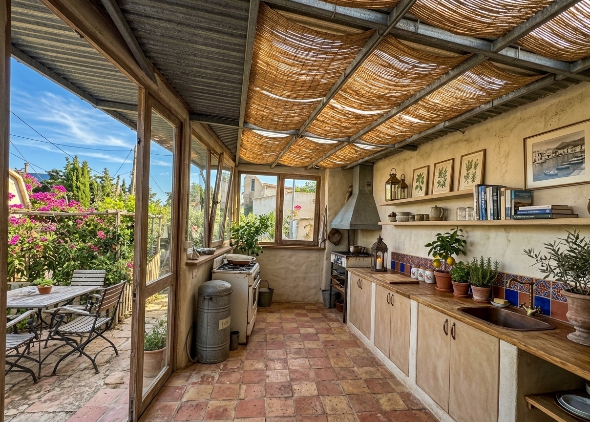 An incredibly lifelike, richly detailed, photorealistic wide-angle interior photo of a transformed outdoor patio reimagined as a Mediterranean retreat, set in a breezy coastal garden environment. The scene is illuminated by sun-drenched golden afternoon rays filtering gently across the veranda, creating a relaxed, warm, and inviting atmosphere. Captured with a medium-format camera using a 28mm wide-angle lens, emphasizing the tactile textures of rough-troweled lime-washed walls, reclaimed timber ceiling beams, and aged terracotta floor tiles. 

The utilitarian lean-to space is elevated into a rustic summer kitchen and dining loggia, replacing the corrugated metal with exposed wooden rafters draped in light, woven reed shades. The cabinetry is reimagined as custom masonry finished in warm earthy plaster, paired with a distressed olive-wood prep counter, hand-painted cobalt and terracotta ceramic backsplash tiles, and aged brass fixtures. Wrought-iron lanterns cast an evening-ready charm, while open floating shelves display curated photography books, artisanal stoneware, and framed Mediterranean landscape wall art. Lush potted lemon trees, fragrant rosemary, and silver-leaved olive branches in aged clay urns soften the space, perfectly framing the unobstructed open-air views toward a sun-soaked garden blooming with bougainvillea.
