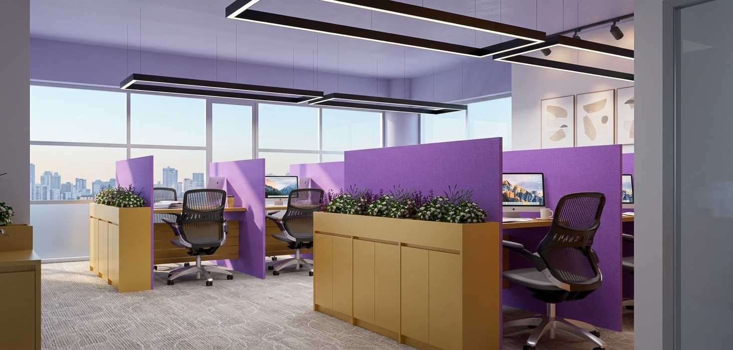 A crisp architectural photograph of the office interior during a bright spring midday, captured with a wide lens under balanced natural daylight streaming through the exterior windows. The overhead rectangular luminaires cast a soft neutral fill, harmonizing with the exterior light. The purple acoustic partitions show realistic matte fabric texture, the yellow planters exhibit authentic fine wood grain, and the integrated greenery displays natural leaf translucency with organic variation. Ergonomic chairs feature true-to-life mesh weaves and cast aluminum bases, accompanied by subtle reflections on the computer monitors, tactile carpet pile micro-texture, and clean, photographic depth of field.