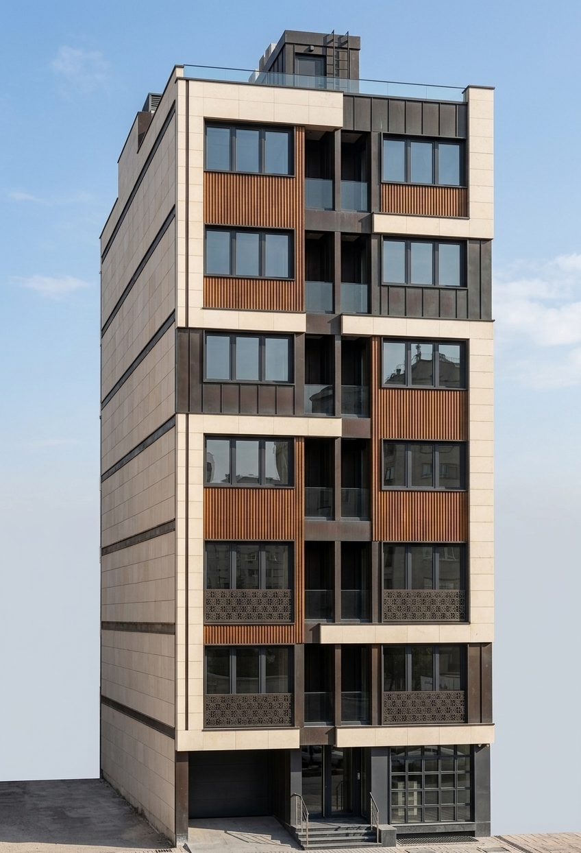 An architectural photograph capturing the exact postmodern building facade in clear daytime sunlight. The light-toned bands feature smooth limestone textures, contrasted with warm textured brickwork and dark matte-finish metal panels across the structure. The lower balcony inserts show detailed perforated brick latticework, while the upper center balconies incorporate clean tempered glass railings with realistic reflections. Dark metallic window frames house reflective glass panes showing subtle outdoor reflections. Shot from the existing low angle, the image features balanced natural daylight, soft cast shadows, crisp architectural micro-textures, and realistic urban ground-level materials with crisp photographic depth.