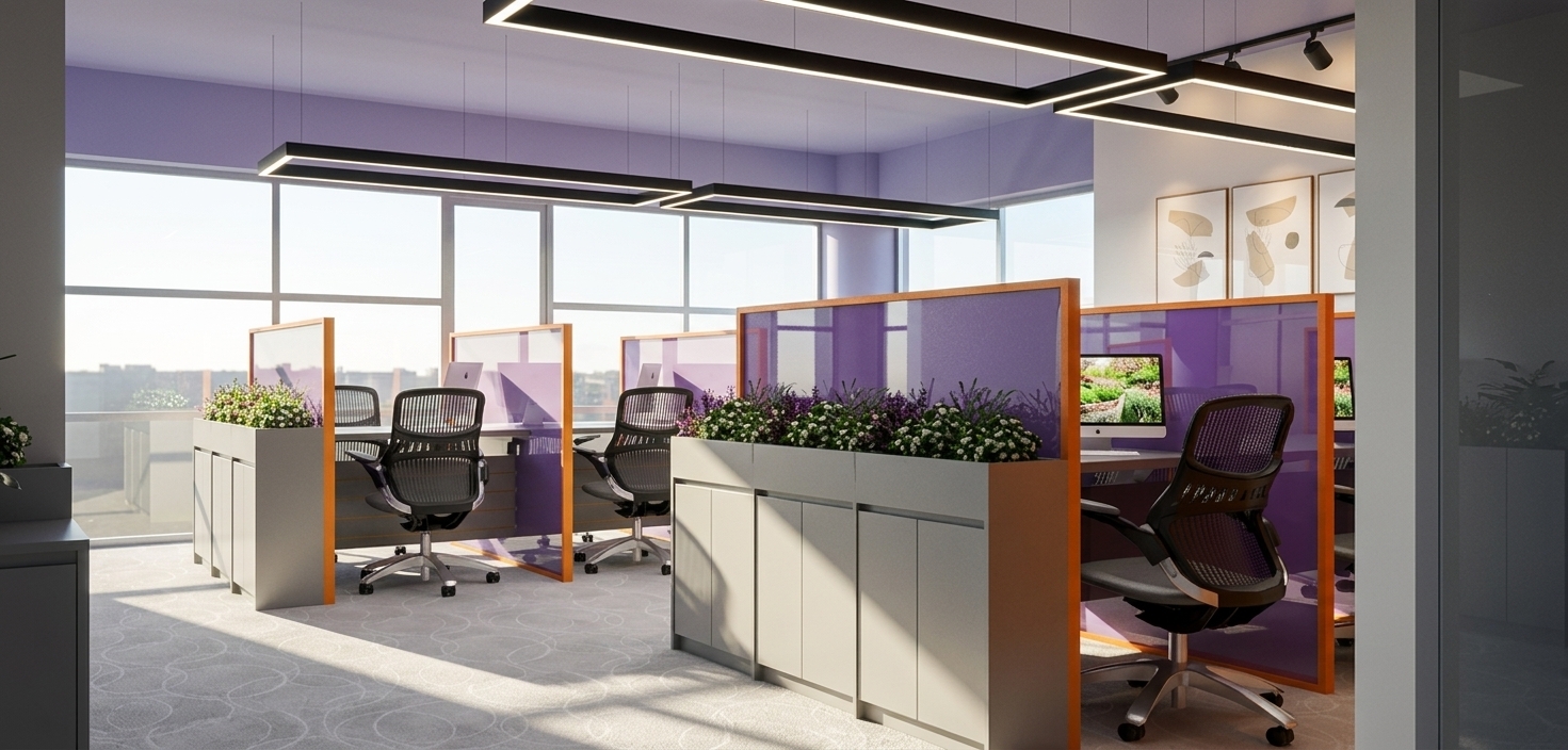 An authentic architectural photograph of the modern office interior bathed in crisp midday spring sunlight streaming through the windows, balanced cleanly with 4000K overhead linear LED lights. The purple semi-translucent partition panels feature realistic gloss, subtle surface dust, and accurate light refraction, framed in matte orange trim. Planter boxes contain organic, vibrantly detailed spring greenery with natural moisture and translucency. Mesh ergonomic chairs show tactile weave patterns and brushed aluminum bases with minor floor reflections, while the patterned carpet exhibits natural pile texture, captured crisply on a professional architectural camera with subtle depth of field and fine film grain.