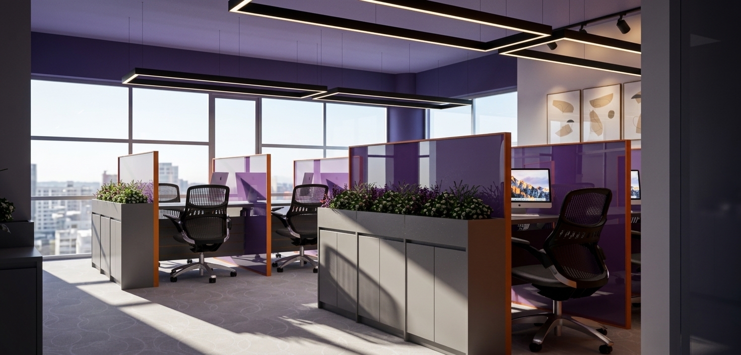 A crisp architectural photograph of the modern office interior bathed in clear midday spring sunlight pouring through the exterior windows, balanced with neutral interior overhead lighting. The exact geometry, layout, and materials are preserved with authentic physical properties: gentle reflections and faint fingerprints on the purple acrylic partitions, lush organic detail in the planter greenery, true matte laminate textures on the cabinetry, and realistic mesh weaves on the task chairs. Shot with a professional wide-angle lens at eye level, exhibiting natural depth of field, clean highlights, soft contact shadows, and subtle camera sensor grain for complete photorealism.