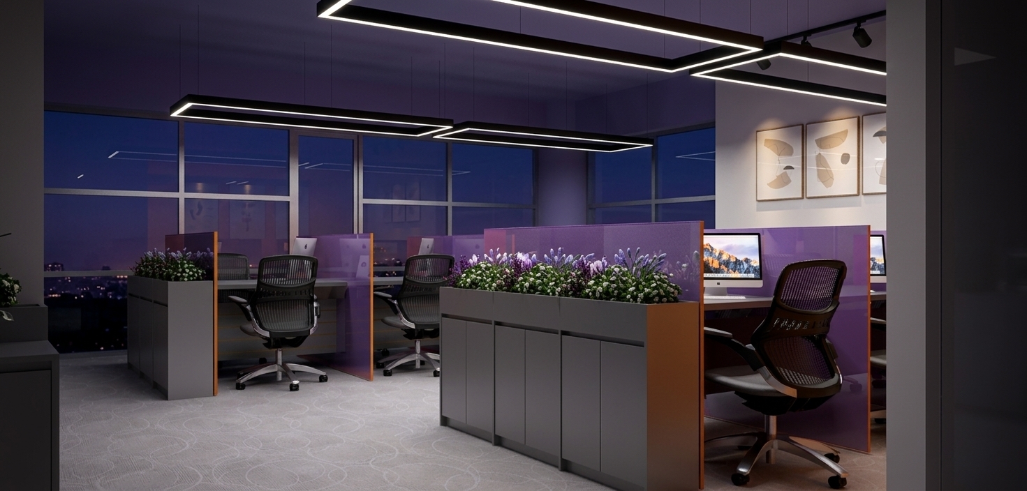 A photorealistic architectural photograph capturing the exact modern office interior at night during spring, preserving every detail of the composition, geometry, and materials. Deep twilight and faint city glow show through the expansive windows, contrasted by the clear illumination of the suspended rectangular LED frames overhead. The translucent purple divider panels exhibit realistic surface reflections, micro-scratches, and light diffusion. Natural texture is evident across the woven carpet tiles, polished metallic chair bases, and black ergonomic mesh backrests. The planter boxes feature fresh, organic foliage and delicate spring flowers with authentic botanical moisture and translucency. Captured on a 35mm architectural lens with balanced interior-to-exterior exposure, natural shadow roll-off, subtle lens vignetting, and fine optical grain for genuine realism.