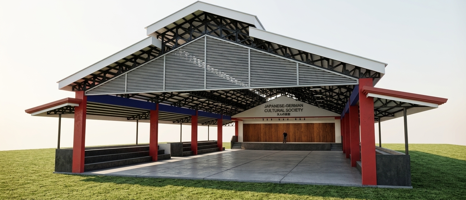 A crisp wide-angle architectural photograph of the covered open-air pavilion under intense summer midday sunlight, strictly maintaining the scene's exact structure, perspective, and framing. Harsh vertical sunlight creates sharp, deep shadows beneath the steel truss roof and across the concrete court. The red painted pillars and blue beams feature authentic semi-gloss textures with subtle surface variations, while the intricate black steel framework exhibits realistic metallic reflections and ambient occlusion. The polished concrete floor reflects diffused ambient light with faint scuffs and expansion joints, and the surrounding green grass glows brightly under the clear, warm sky with a balanced dynamic range and natural depth of field.