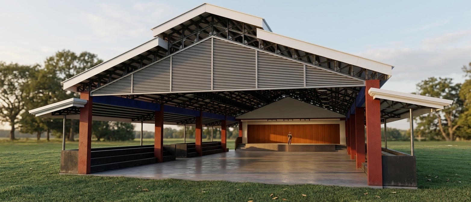 A real architectural photograph of the open-air pavilion captured during a clear summer sunrise, maintaining the exact perspective, framing, and geometry of the scene. Low-angle golden sunlight streams through the open sides, casting long shadows across the smooth concrete floor. The exposed steel trusses exhibit realistic dark matte metal finishes, the red support columns and blue beams display weathered exterior paint textures, and the stage features authentic natural wood paneling. The surrounding outdoor grass glows vibrantly in the early morning light, captured with a sharp wide-angle lens, balanced dynamic range, and warm morning atmosphere.