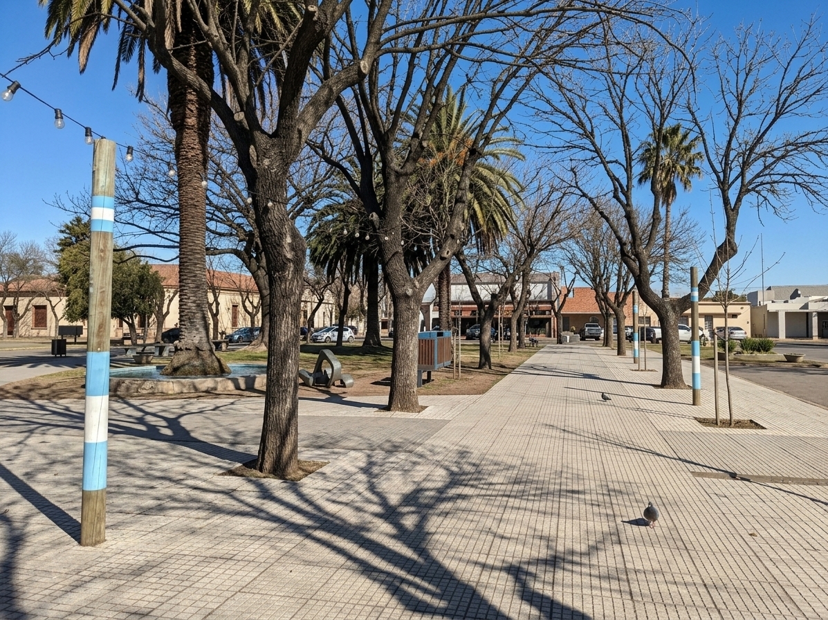 An incredibly lifelike, richly detailed, photorealistic wide-angle eye-level shot of a tranquil urban park promenade set in a sun-drenched town square. The scene is illuminated by brilliant, direct afternoon sunlight casting intricate, high-contrast tree shadows, creating an airy, peaceful, and open atmosphere. Captured with a professional wide-angle lens with deep depth of field, emphasizing the clean-lined grid of pale cobblestone paving tiles, the deeply grooved bark of bare mature trees and palms, slender wooden posts adorned with light blue and white stripes, and hanging overhead bulb lights leading the eye toward modest perimeter town architecture beneath an immaculate azure sky.