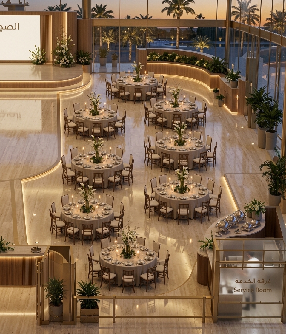 An incredibly lifelike, richly detailed, photorealistic elevated wide-angle shot of a minimalist, mid-century modern luxury glass pavilion wedding hall set in a serene garden estate at twilight. The scene is illuminated by warm, concealed architectural cove LEDs, soft candlelight, and the fading amber glow of a desert sunset through floor-to-ceiling glass curtain walls, creating an intimate, tranquil, and distinctly sophisticated atmosphere. Captured with a medium-format camera and a 35mm tilt-shift lens, emphasizing the high-gloss reflection of vein-cut ivory travertine flooring, brushed champagne-brass framing, and lush tropical greenery. 

The reimagined space embraces streamlined mid-century minimalism, replacing ornate clutter with organic textures, bespoke sculptural walnut seating upholstered in cream bouclé, and low-profile circular banquet tables dressed in neutral Belgian linen. Understated floral arrangements feature sculptural white calla lilies and delicate branch work in matte ceramic vessels, allowing the continuous glass perimeter to blur the boundary between the refined interior and the illuminated outdoor oasis of manicured palms and reflecting pools. A clean-lined, curved timber-slat stage anchors the front, while integrated recessed lighting in the floor guides seamless movement throughout the expansive, airy sanctuary.