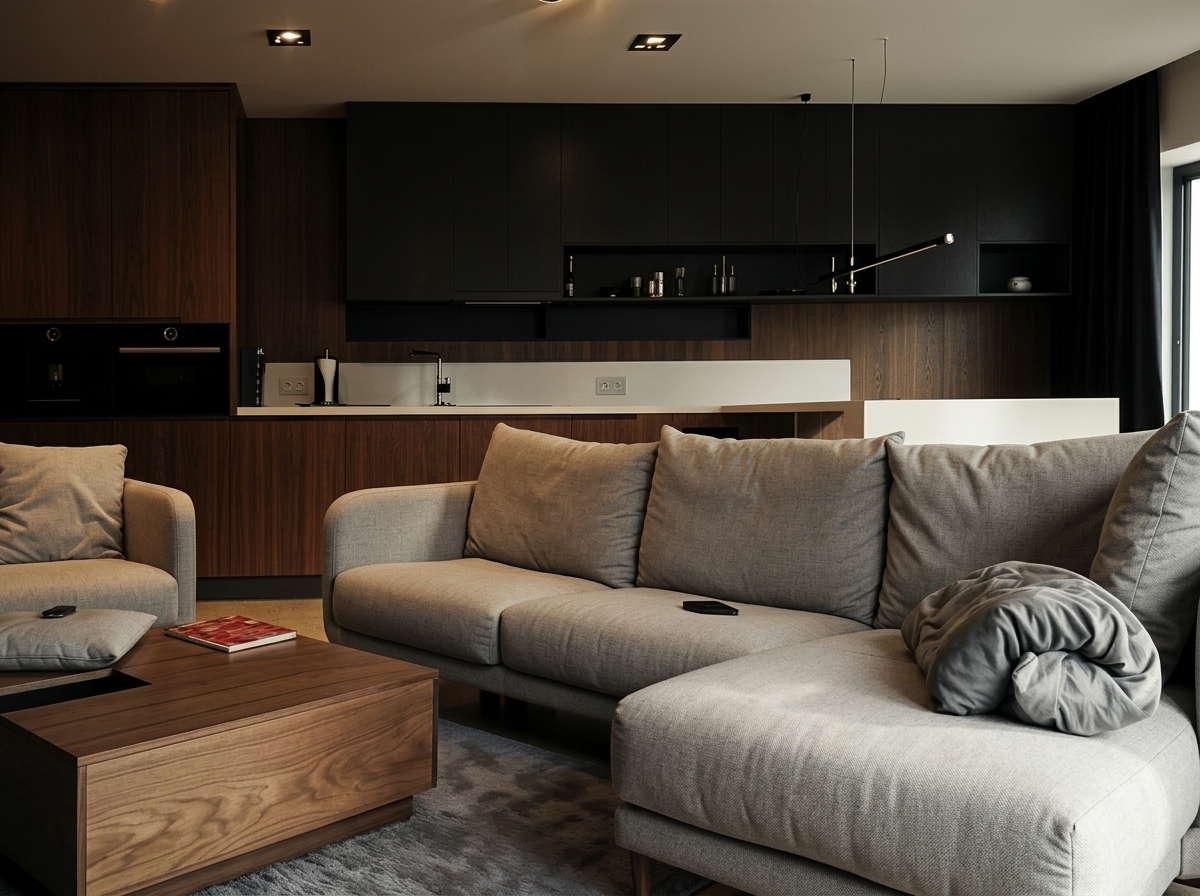 A photorealistic, high-end editorial architectural photograph updating the interior while preserving the exact camera position, framing, perspective, architectural geometry, and layout.
Seating Replacement:
- Replace the existing sectional sofa and the armchair on the left exclusively with authentic Poliform Dune seating furniture.
- The Poliform Dune sofa and armchair must occupy the exact same positions, footprints, orientations, and scale as the originals.
- Maintain the L-shaped configuration with the chaise longue and the visual relationship with the wooden coffee table and rug.
- Upholster the seating in a warm light-grey to soft greige textured fabric with natural creasing, compression, and realistic fabric weight.
Material & Architectural Updates:
- Floor: Replace with a smooth, light warm-grey polished concrete with a subtle satin sheen, faint aggregate, and soft, physically accurate reflections.
- Cabinetry & Wall Paneling: Finish all existing wood walls, tall units, and kitchen cabinetry in premium dark American Black Walnut veneer. The finish should feature rich chocolate-to-espresso tones, subtle warm brown grain variations, and a matte-to-satin clear lacquer.
- Preserve all other elements unchanged, including the coffee table, appliances, kitchen island, ceiling fixtures, rug, and room architecture.
Lighting & Mood:
- Sophisticated, moody, low-key interior ambiance with deep blacks and controlled shadows.
- Balanced lighting with restrained, warm 2700–3000K artificial light grazing the walnut joinery, combined with soft natural daylight entering from the side.
- Physically accurate reflections, realistic contact shadows, and natural photographic depth of field without CGI artifacts.