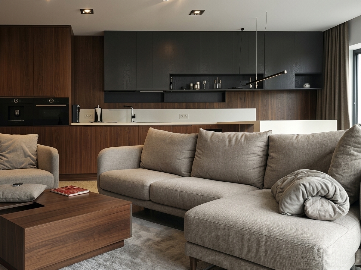 Ultra-photorealistic editorial architectural interior photograph of the luxury space shown in the reference image, preserving the exact camera angle, perspective, framing, composition, and architectural layout.
Apply only the following specific updates:
1. Furniture Replacement:
- Replace the existing sectional sofa with an authentic Poliform Dune sectional sofa configuration, matching the original L-shape, chaise longue position, proportions, footprint, and relationship to the coffee table and rug.
- Replace the armchair on the left with a matching Poliform Dune armchair, preserving its exact position, orientation, and scale.
- Upholster both pieces in a premium, warm light-grey to soft greige tactile, matte woven fabric exhibiting natural seams, realistic cushion weight, compression, gentle folds, and soft light absorption.
2. Floor Finish:
- Replace the floor finish with light warm-grey polished concrete featuring a subtle satin sheen, faint aggregate texture, soft mottling, and realistic diffused reflections, retaining all original floor lines and geometry.
3. Woodwork & Cabinetry:
- Update all wood surfaces, including the wall cladding, tall units, and lower kitchen cabinets, to premium dark American Black Walnut veneer (Juglans nigra) in deep chocolate to espresso tones with continuous, book-matched grain and a refined matte-to-satin clear finish.
4. Preservation & Atmosphere:
- Keep the coffee table, kitchen island, appliances, upper black cabinetry, lighting fixtures, ceiling, windows, and rug exactly as shown in the original image.
- Render with realistic, low-key editorial architectural lighting: soft natural daylight balanced with warm 2700–3000K accent lighting grazing the walnut surfaces, casting physically accurate contact shadows and subtle ambient occlusion.
- Professional full-frame camera quality with natural depth of field, organic micro-texture, controlled highlights, and zero CGI appearance.