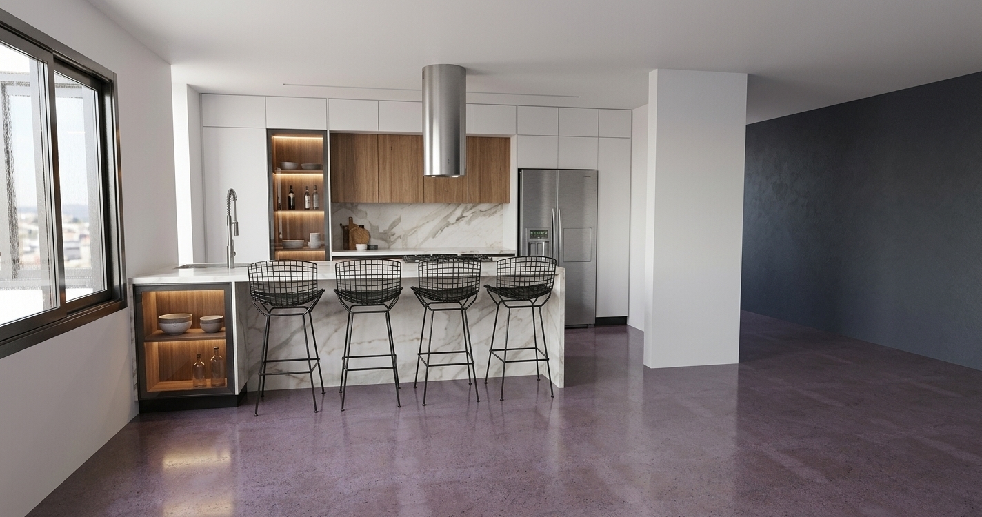 Architectural photograph of the modern kitchen maintaining the exact composition and layout, illuminated by soft natural daylight entering from the left window. Warm integrated LED accent lighting softly illuminates the interior shelves of the glass-door cabinet on the island. Every surface showcases realistic material finishes, including finely veined polished marble on the island and backsplash, authentic wood grain on the upper cabinetry, brushed stainless steel on the cylindrical range hood and appliances, and matte black wire barstools, all rendered with sharp focus and subtle, natural photographic contrast.