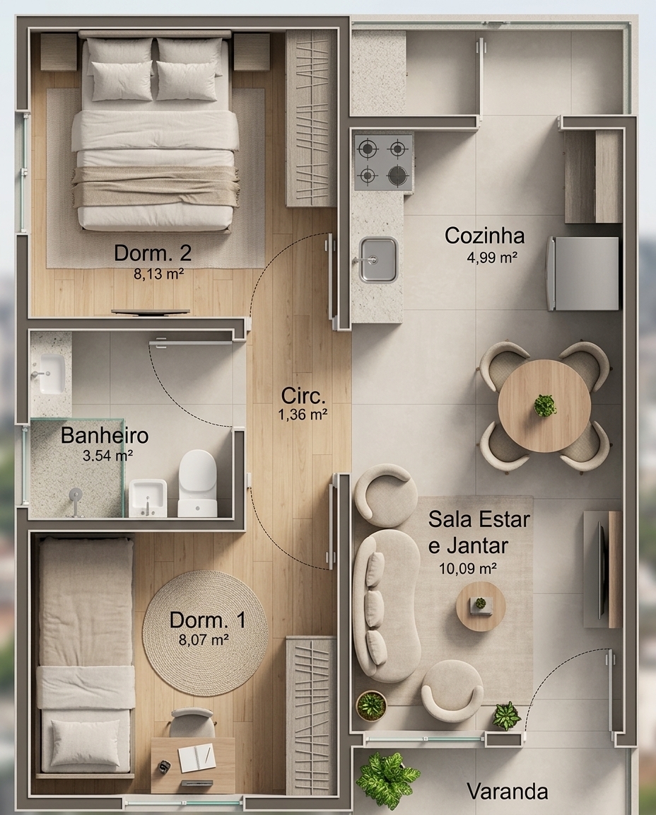 Convert the 2D architectural blueprint into a realistic top-down humanized floor plan, strictly preserving the exact furniture layout and room proportions:
- Flooring: Light wood parquet/laminate in the bedrooms, living room, and hallway; light neutral ceramic tiles in the kitchen, bathroom, and balcony.
- Furniture and Textures:
- Top-left bedroom (Dorm. 2): Render the double bed with realistic bedding and pillows, side tables, and wardrobe textures.
- Bottom-left bedroom (Dorm. 1): Render the single bed, study desk with chair, circular rug, and built-in closet.
- Bathroom: White porcelain toilet and sink, stone vanity top, glass shower partition, and non-slip textured shower floor.
- Kitchen: Stone countertop with integrated stainless steel sink and induction/gas cooktop, refrigerator, and cabinetry.
- Living and Dining: Round dining table with four curved chairs, organic curved sofa with soft fabric texture, round coffee table, accent armchair, wall-mounted TV on a media console, and small indoor potted plants.
- Lighting and Details: Add subtle top-down lighting, soft ambient occlusion, and drop shadows for depth.
- Clean up: Remove all CAD dimensions, text labels, line markers, elevation tags, and technical symbols, leaving a clean, photorealistic humanized 2D architectural presentation.
