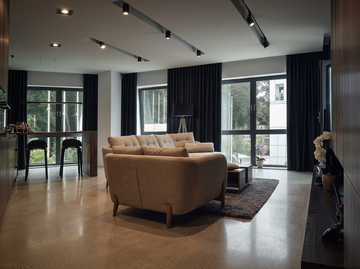 Photorealistic high-end architectural interior photograph of the living room, captured with a professional full-frame camera in a moody, low-key, dark-luxury atmosphere.
Preserve the exact camera position, focal length, framing, composition, and architectural layout without cropping, zooming, or re-angling. Maintain all furniture placements, window positions, ceiling light fixtures, bar stools, and the existing area rug.
Key Material and Surface Modifications:
1. Flooring: Replace the existing wooden floorboards with a seamless, light warm grey polished concrete floor featuring a refined satin sheen, subtle aggregate, delicate mottling, and soft, physically accurate diffuse reflections.
2. Walls & Cabinetry: Refinish all wall paneling, millwork, and tall cabinet fronts in authentic dark American Black Walnut veneer with rich espresso and chocolate-brown tones, subtle warm undertones, continuous architectural grain matching, visible fine pores, and an ultra-matte to low-satin finish.
3. Sofa Upholstery Redesign: Keep the sofa in its exact position, footprint, orientation, and sectional configuration. Redesign its upholstery using a textured warm beige woven linen-like textile. The back cushions are generously padded and softly rounded with tasteful, discreet fabric-covered button tufting that creates realistic localized compression and subtle radial fabric tension folds. The armrests and seat cushions are gently rounded, deeply cushioned, and tailored with refined seams, evoking a handcrafted luxury designer aesthetic.
Lighting and Atmosphere:
Low-key cinematic exposure with warm recessed directional ceiling spotlights (2700–3000K) grazing the dark walnut panels and revealing natural grain and texture. Balanced with soft natural daylight entering from the windows, casting gentle highlights and physically accurate diffuse contact shadows. Organic micro-contrast, tactile surface details, realistic material light absorption, and subtle photographic grain without CGI artificiality.