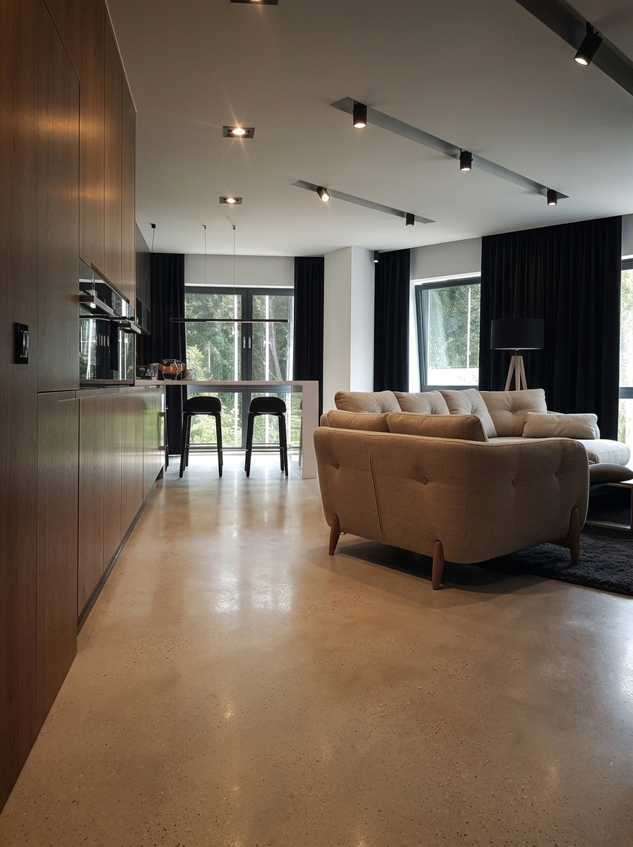 Create an ultra-photorealistic, high-end interior architectural photograph based on the original image, maintaining the exact camera position, framing, perspective, architecture, and furniture layout while applying specific material and upholstery updates.
1. Floor: Replace the existing wood plank flooring with light warm-grey polished concrete. The concrete should have a refined satin sheen, subtle mottling, fine aggregate micro-texture, and soft, physically accurate reflections. Maintain the exact floor boundaries, joints, and perspective.
2. Cabinetry & Millwork: Finish all kitchen cabinetry, tall units, and wood-paneled surfaces in premium natural American Black Walnut veneer. The wood should feature rich chocolate and deep espresso-brown tones, authentic continuous grain flow, fine open pores, and a high-end matte-to-satin clear lacquer finish.
3. Sofa Redesign: Keep the existing sofa in its exact position, footprint, dimensions, and sectional configuration. Redesign only its upholstery:
- Reupholster in a premium warm beige woven, tactile fabric with realistic textile density.
- Backrest and seat cushions should be softly rounded, generously padded, and substantial.
- Add restrained, elegant fabric-covered button tufting to the back cushions, creating authentic localized depressions, radial compression folds, and natural tension lines.
- Armrests and cushions should feature refined seam details and handcrafted construction.
4. Mood & Lighting: Preserve the dark, moody, low-key luxury atmosphere. Maintain the warm artificial grazing light on the walnut cabinetry, soft natural daylight entering from the windows, deep controlled shadows, natural vignette, and authentic full-frame camera depth of field without CGI or artificial HDR appearance.