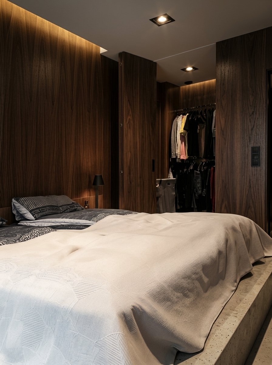 An ultra-photorealistic, high-end editorial architectural photograph of the modern bedroom, maintaining the exact locked camera perspective, composition, framing, and layout of the original image.
Transform materials and lighting while strictly preserving all existing geometry and furniture placement:
- Walls and Millwork: Replace all existing wood wall cladding, headboard panels, and wardrobe doors with premium American Black Walnut veneer. The walnut features deep chocolate to espresso tones with warm undertones, authentic grain flow, visible pores, and an elegant matte-satin finish. Warm light grazes the vertical grain, emphasizing realistic texture and depth.
- Platform Base and Flooring: Finish the bed base platform and visible floor in light warm grey polished concrete. The surface features subtle aggregate, gentle mottling, and a soft satin sheen with realistic, non-glossy light diffusion.
- Textiles: Render the bed linens, white textured duvet cover, and patterned pillows with tactile fabric realism, soft natural draping, fine woven fibers, and subtle creasing.
- Lighting and Atmosphere: Create a moody, dark-luxury architectural ambience. Warm integrated cove lighting and recessed ceiling downlights (2700–3000K) cast soft grazing highlights across the walnut paneling, with realistic indirect bounce, physically accurate shadow falloff, and deep, detailed blacks.
- Photographic Quality: Flawless full-frame architectural photography realism, authentic optical sharpness, subtle micro-contrast, and realistic material textures with no CGI, 3D-render, or artificial appearance.