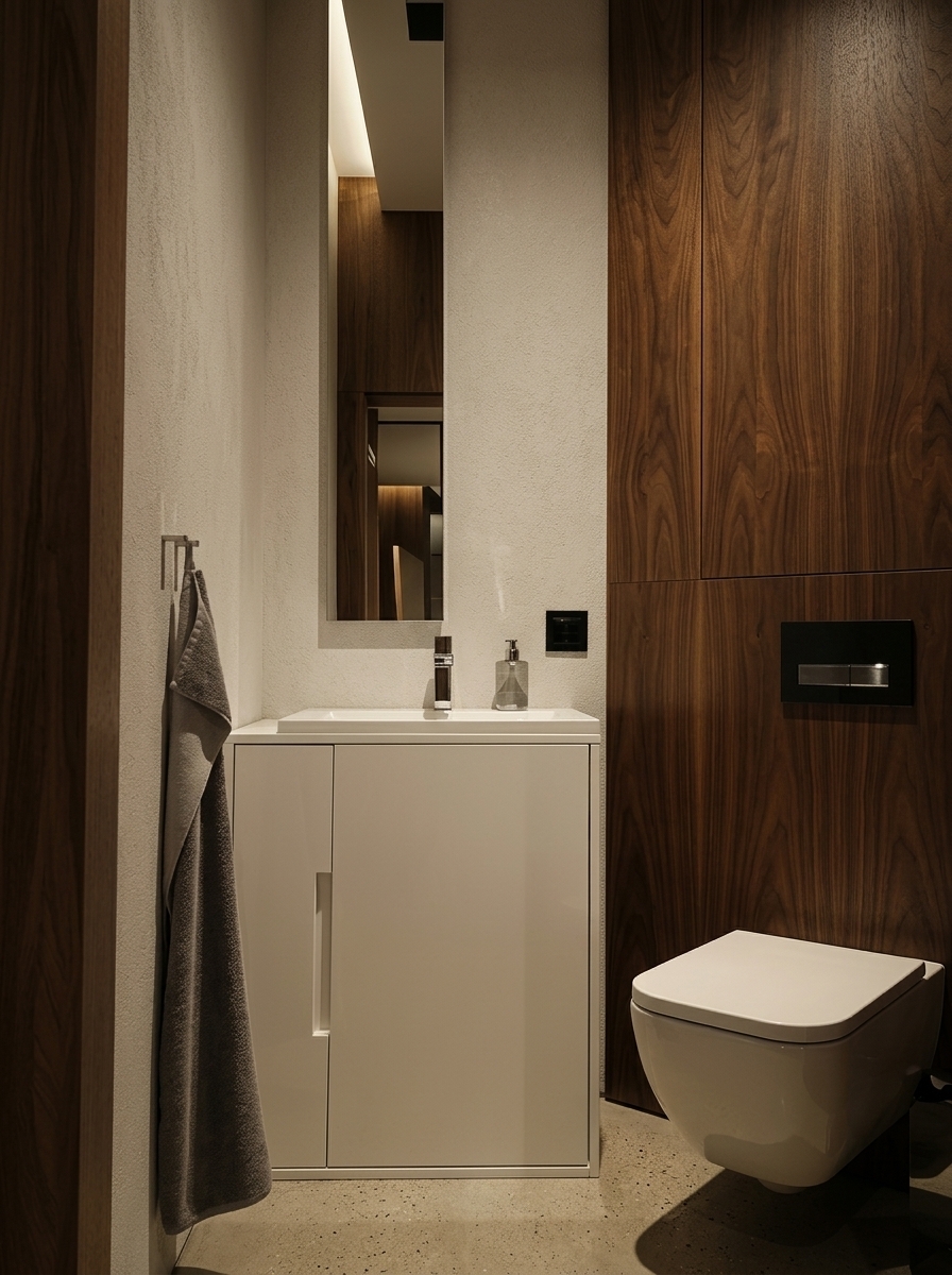 Create an ultra-photorealistic, high-end editorial architectural photograph transforming the bathroom in the reference image while keeping the exact geometry, perspective, framing, camera angle, and layout strictly preserved. Remove the watermark at the bottom.
Replace the floor with light warm-grey mechanically polished concrete featuring subtle aggregate, delicate mottling, natural mineral variations, and a refined satin sheen with soft, diffuse reflections.
Finish all wood wall paneling and cabinetry in premium natural American Black Walnut veneer with deep chocolate and espresso-brown tones, warm undertones, and continuous, book-matched architectural grain. Apply a high-end matte-to-satin clear lacquer finish that highlights pore structure and subtle grain texture without gloss or orange/red discoloration.
Retain the white vanity cabinet, sink, chrome faucet, wall-mounted toilet, recessed mirror, wall textures, and hanging towel in their exact positions, upgrading all surfaces with tactile, authentic material realism, micro-imperfections, and realistic light interaction.
Lighting must remain moody, low-key, and atmospheric: warm, restrained artificial light (2700–3000K) grazing the walnut panels and concrete floor, balanced with soft indirect daylight. Ensure deep blacks, natural tonal roll-off, physically accurate ambient occlusion, and subtle full-frame lens characteristics. The final result must look like a genuine high-end architectural magazine photograph, completely free of CGI, plastic textures, or digital rendering artifacts.