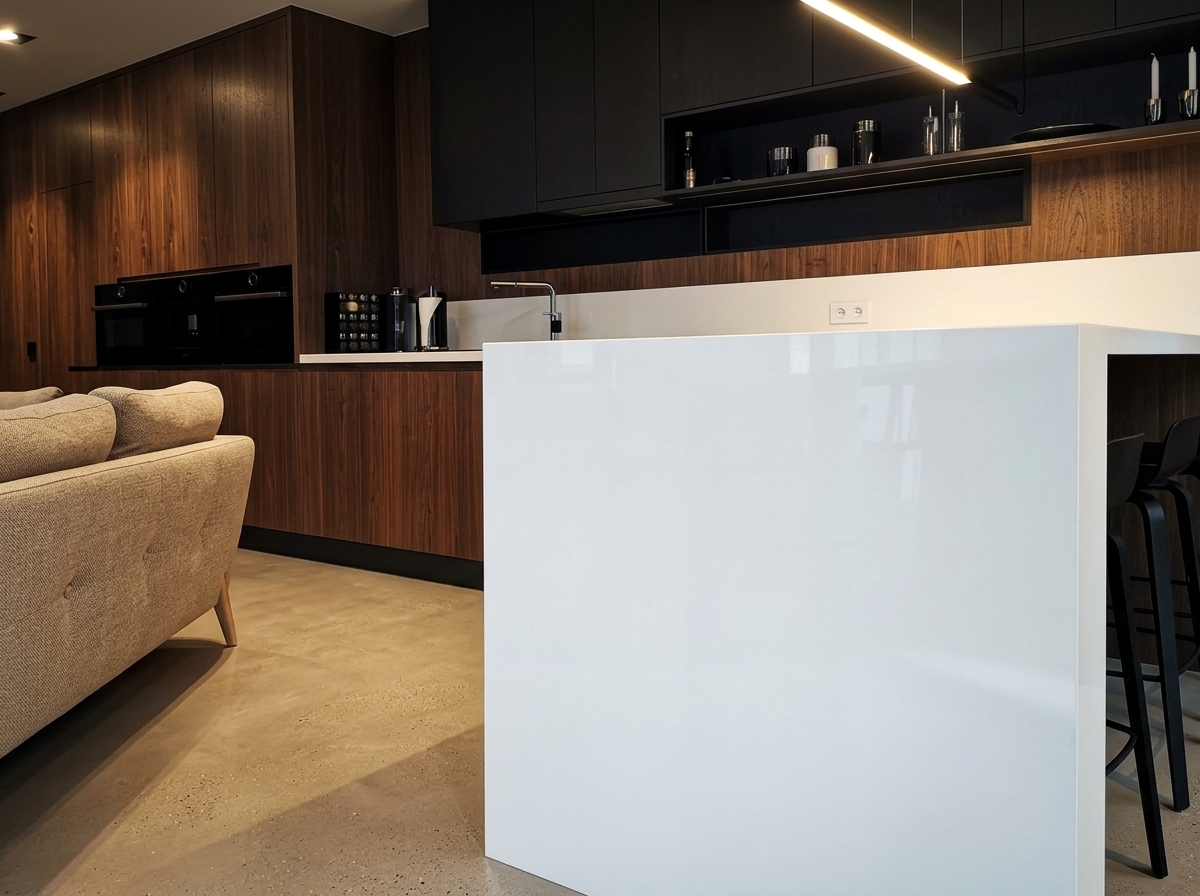 Photorealistic, high-end architectural editorial photograph of the interior, preserving the exact camera position, framing, composition, and architectural layout.
Replace the existing wood plank floor with a smooth, light warm-grey polished concrete floor featuring subtle fine aggregate, delicate mottling, and a refined low-satin sheen with soft, broad reflections.
Render all wood cabinetry, full-height panels, and millwork in premium dark American Black Walnut veneer with deep chocolate and espresso tones, continuous book-matched grain flow, fine open pores, and a tactile matte-to-satin finish.
Reupholster the sofa visible on the left in a textured, warm beige premium woven textile. Redesign its cushions with softly rounded, generous padding and subtle, elegant fabric-covered button tufting with authentic radial fabric tension lines and detailed tailored seams, giving it a bespoke, sculptural, handcrafted designer look while maintaining its exact footprint and position.
Lighting and Atmosphere: Refined, moody, dark-luxury aesthetic captured on a full-frame camera. Soft natural daylight mingles with warm, restrained 2700K grazing light across the walnut grain and fabric surfaces, producing deep controlled shadows, natural tonal roll-off, tactile micro-textures, and authentic photographic realism without digital artifacts or CGI gloss.