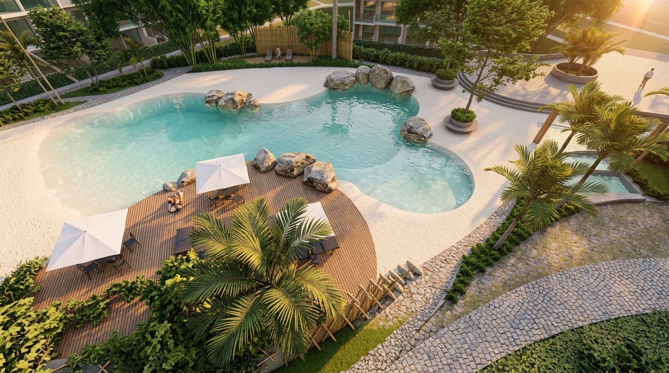 An incredibly lifelike, richly detailed, photorealistic elevated landscape photo of a luxurious beach-style condominium pool set in an expansive, modern landscaped resort environment. The scene is illuminated by the warm, golden light of a setting sun, creating a tranquil, inviting, and sophisticated atmosphere. Captured with a wide-angle aerial lens, emphasizing the fine sandy textures of the beach-entry pool margins, weathered natural rock clusters, grooved wooden sundecks with crisp white umbrellas, and vibrant tropical palm fronds that appear softly stirred by a coastal breeze. Seamlessly integrated cobblestone pathways and organic pool curves merge pristine recreational architecture with lush, contemporary green spaces designed for leisurely outdoor living.