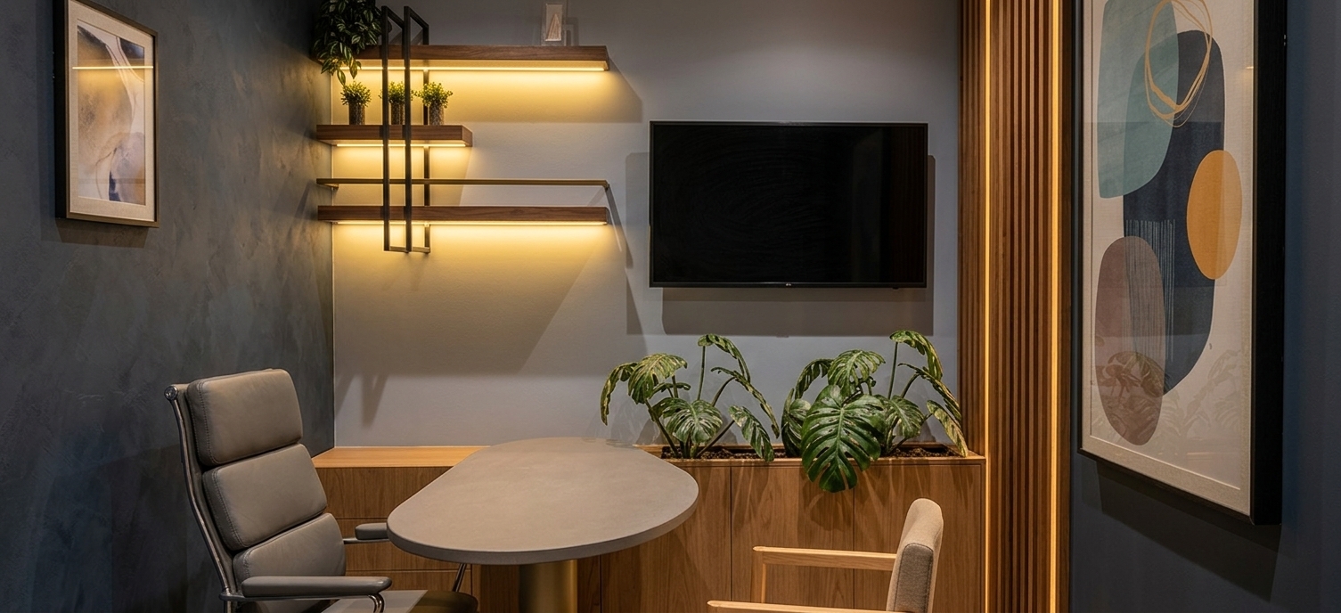 An architectural interior photograph of a psychoanalysis consultation office, strictly maintaining the original scene composition, geometry, and furniture placement. Warm linear LED accent lighting softly grazes the vertical wood slat partition, complemented by balanced, glare-free recessed ceiling downlights providing calm, standard-compliant ambient illumination. The scene features authentic materials including natural wood grain on the cabinetry and slats, tactile chair upholstery, a matte composite stone table surface, and waxy, living monstera foliage casting gentle organic shadows. Captured with a professional interior lens, balanced neutral exposure, accurate depth of field, and subtle photographic grain.