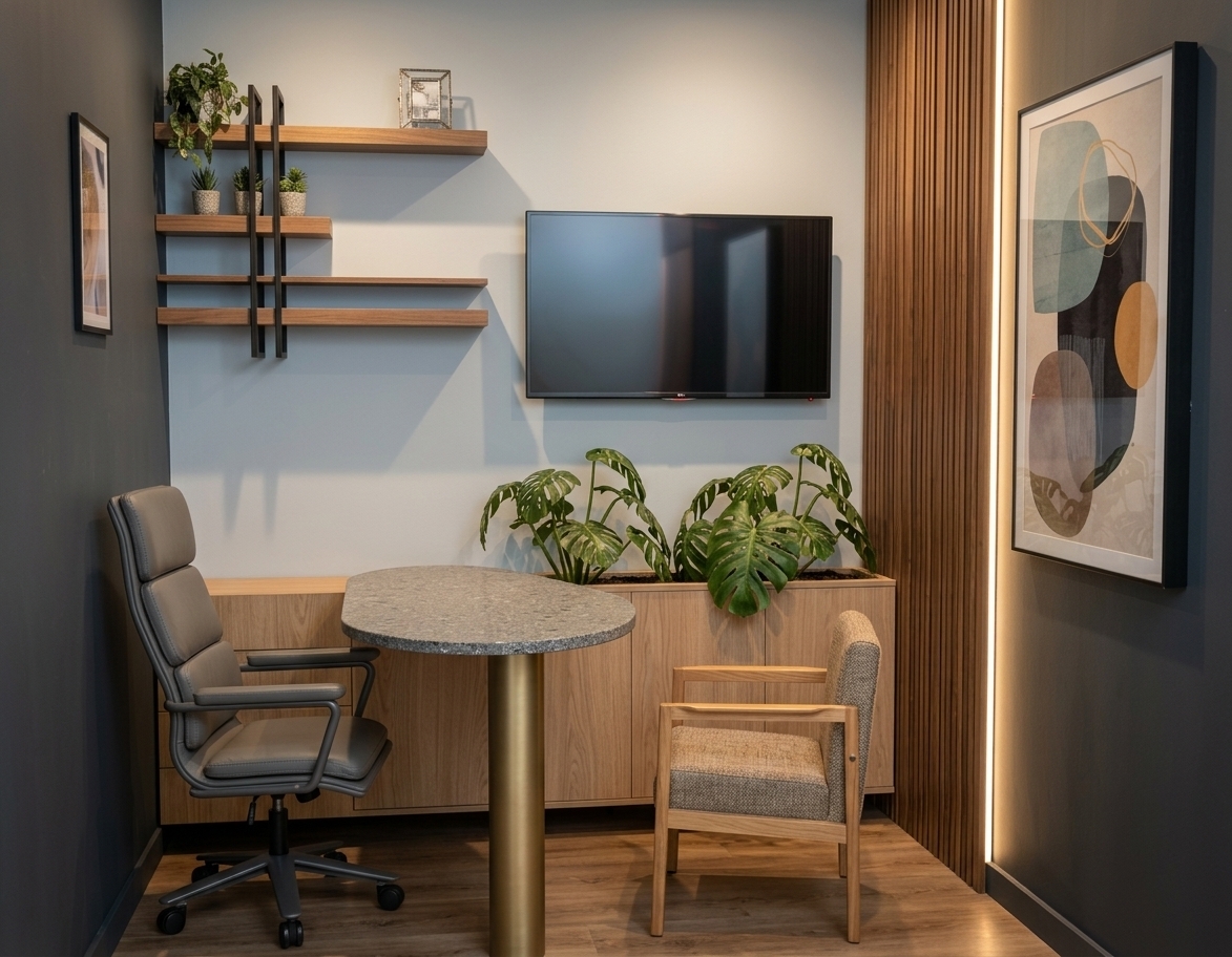 A professional architectural photograph of the psychoanalysis consultation room, preserving the exact geometry and composition of the space. The vertical wooden slatted wall is illuminated with subtle, warm indirect LED backlighting that casts a gentle, cozy glow, paired with balanced, glare-free diffused ambient lighting meeting professional standard lux levels around 3000K. The materials appear completely realistic, featuring fine light oak grain along the millwork, tactile upholstery on the client armchair, soft leather on the swivel chair, natural glossy textures on the monstera leaves, and a clean matte finish on the tabletop and painted walls. Shot on a 35mm lens at eye level with balanced exposure, soft natural shadows, faint specular reflections on the dark television screen, and crisp, authentic material depth.