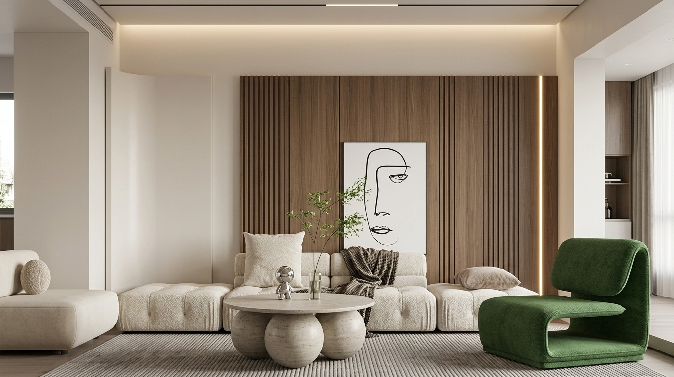 An incredibly lifelike, richly detailed, photorealistic eye-level architectural shot of a sleek, modern fusion lounge space set in a luxurious contemporary urban residence. The scene is illuminated by soft, concealed ceiling cove lighting and a sharp vertical LED light strip casting a gentle, warm glow down the walls, creating an intimate, serene, and sophisticated atmosphere. Captured with a full-frame camera and an 85mm prime lens, emphasizing the subtle textures of the vertical fluted walnut-toned wall panels, the nubby weave of the modular cream upholstery, and the plush ribbed rug below. At the heart of the composition, a low-slung, tufted modular sofa is accessorized with a dark woven throw blanket and soft pillows, while an arresting black-and-white continuous-line face art print rests dramatically against the wood panel backdrop. Grounding the seating area is a sculptural round coffee table supported by spherical stone-like legs, displaying a whimsical modern figurine and a delicate glass vase with slender green foliage. To the right, a bold, sculptural armchair upholstered in vibrant forest green curves gracefully forward, balancing the neutral palette and refined geometric forms of the open-concept layout with effortless, gallery-like poise.