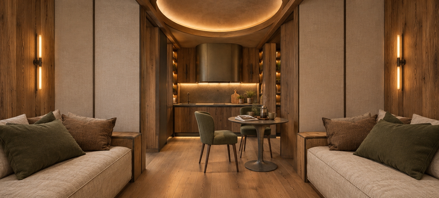 An incredibly lifelike, richly detailed, photorealistic wide-angle interior photograph of a cozy, cabin-inspired dining and living suite set in a secluded luxury mountain escape. The scene is illuminated by warm, diffused light from minimalist vertical wall sconces, under-cabinet fixtures, and the ambient glow of an architectural circular ceiling cove, creating a ruggedly sophisticated, deeply inviting, and peaceful atmosphere. Captured with a high-resolution full-frame camera and a 24mm tilt-shift lens, emphasizing the rich tactile textures of natural rough-hewn oak, coarse woven linen, and smooth matte stone. In the foreground, symmetrical daybeds flank the corridor, upholstered in textured, oatmeal-toned neutral fabrics and piled high with thick, comfortable pillows in earthy pine green and warm bark tones. Moving inward through the clean architectural partition walls, the perspective draws toward a charming dining nook where a sculptural pedestal table sits arranged with steaming ceramic coffee carafes, rustic mugs, and an artfully displayed photography book celebrating alpine peaks. Surrounding the table, tailored modern dining chairs upholstered in moss-green fabric offer an inviting seat before a compact, bespoke kitchen fitted with dark cedar cabinetry, a smooth slate countertop, and an elegant curved hood, while lush potted alpine ferns tucked along recessed shelving bring vibrant, natural life into the warm wood and stone interior.