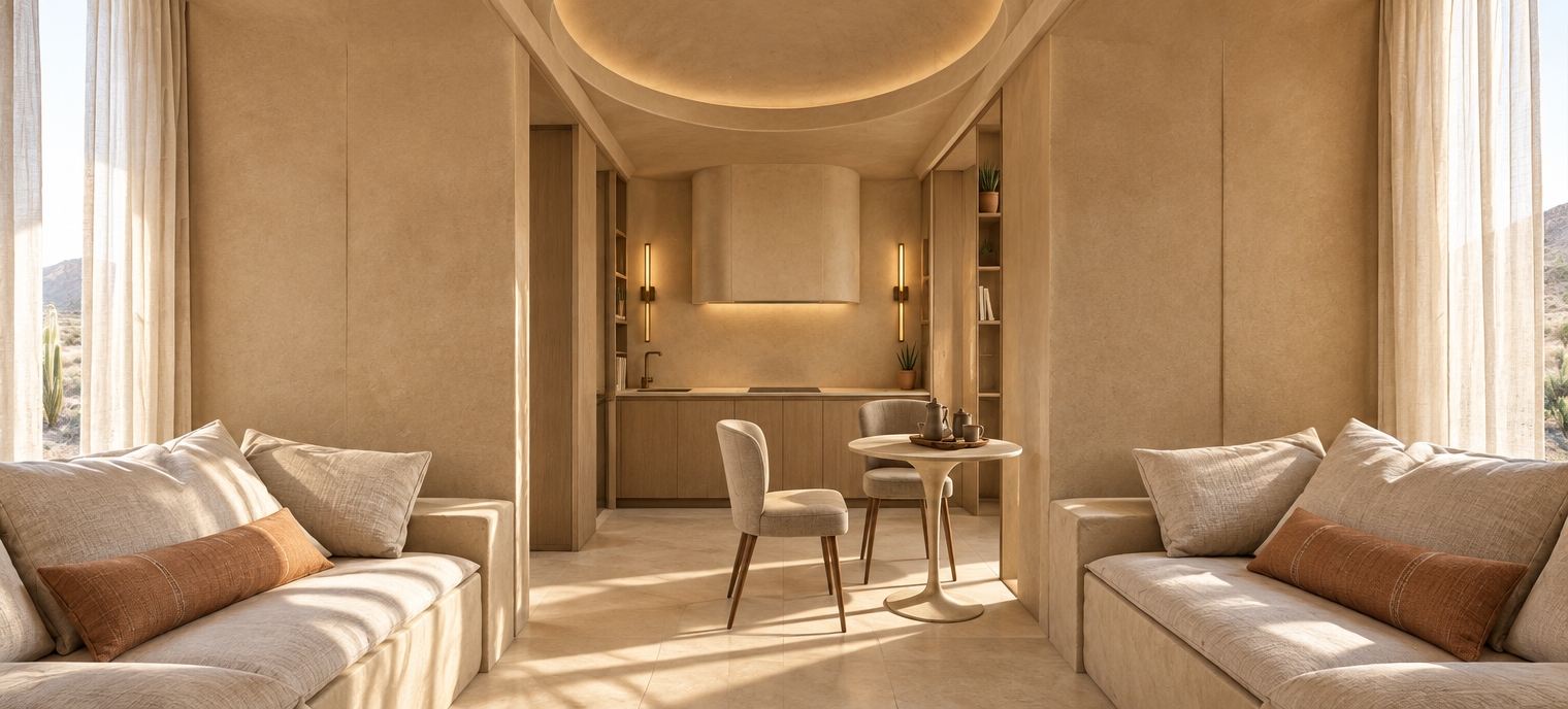 An incredibly lifelike, richly detailed, photorealistic wide-angle interior photograph of a minimalist dining and lounge space set in a tranquil Southwestern desert retreat. The scene is illuminated by sun-drenched, radiant natural light diffusing gently past open linen draperies and accented by the warm, amber glow of slender vertical wall sconces, creating an intensely peaceful, warm, and meditative atmosphere. Captured with a full-frame camera paired with a 24mm architectural tilt-shift lens, emphasizing the tactile plaster textures of the sand-toned adobe walls, coarse woven linen, and smooth earthenware surfaces. In the foreground, two low-profile built-in sofas flank the space, appointed with plush, neutral-toned cushions and terracotta-tinged bolsters that frame a straight sightline through the serene sanctuary. The central corridor leads to an intimate dining nook, showcasing a slender round pedestal table set with an artisanal ceramic coffee service alongside two sculpted, earth-toned upholstered chairs. In the background, a seamless kitchenette blends into the architecture with muted beige cabinetry, an understated integrated cooktop beneath a sweeping curved plaster hood, and slim flanking niches subtly adorned with potted desert succulents and a curated photography book, all anchored beneath an elegant, recessed circular ceiling vault that emphasizes the balanced, harmonious depth of the room.