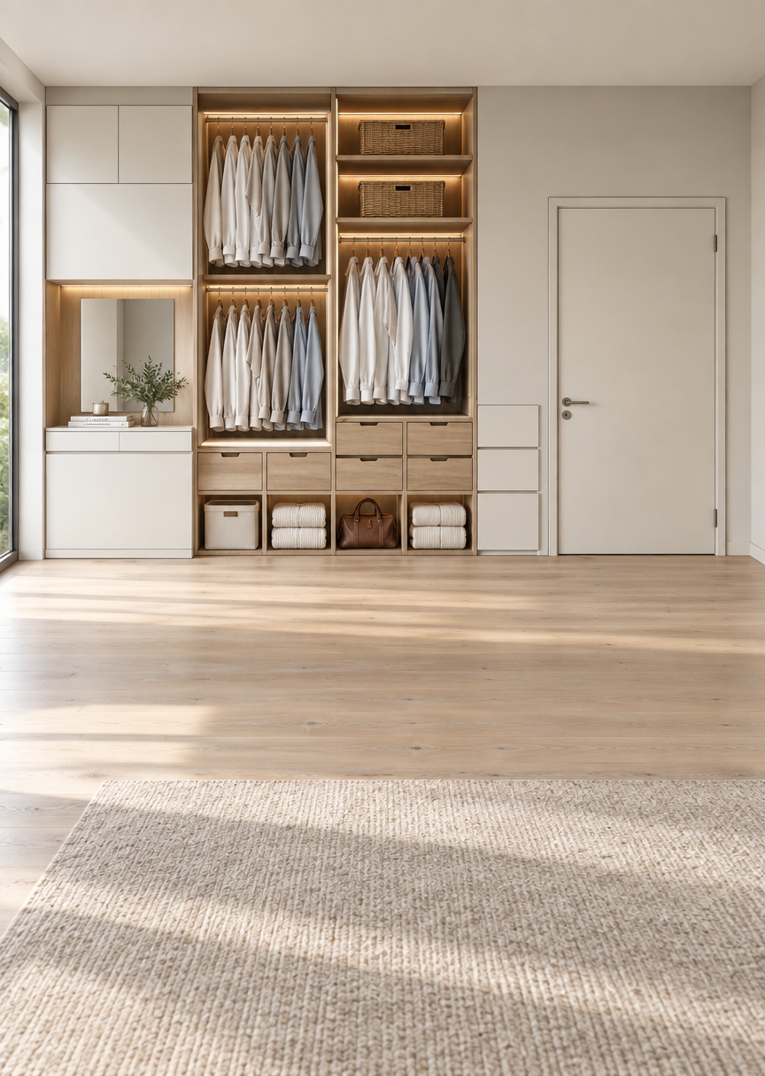 An incredibly lifelike, richly detailed, photorealistic eye-level interior shot of a custom walk-in dressing suite set in a tranquil Scandinavian sanctuary. The scene is illuminated by gentle natural daylight filtering through nearby floor-to-ceiling windows paired with warm, concealed LED strip lighting tucked beneath the oak shelves, creating a serene, hygge-inspired atmosphere. Captured with a full-frame camera and a 35mm tilt-shift lens, emphasizing the fine grain of light natural oak, woven wicker baskets, crisp linen shirts hanging in perfect alignment, and smooth matte-white cabinetry. To the left, a minimalist vanity station features a clean-lined mirror resting above soft-close drawers, subtly accented by a photography book and delicate greenery. The open shelving showcases neatly folded plush textiles and a rich leather travel bag, while the surrounding walls, dressed in soothing shades of off-white and soft gray, complement the clean, airy architecture of this beautifully organized organic haven.