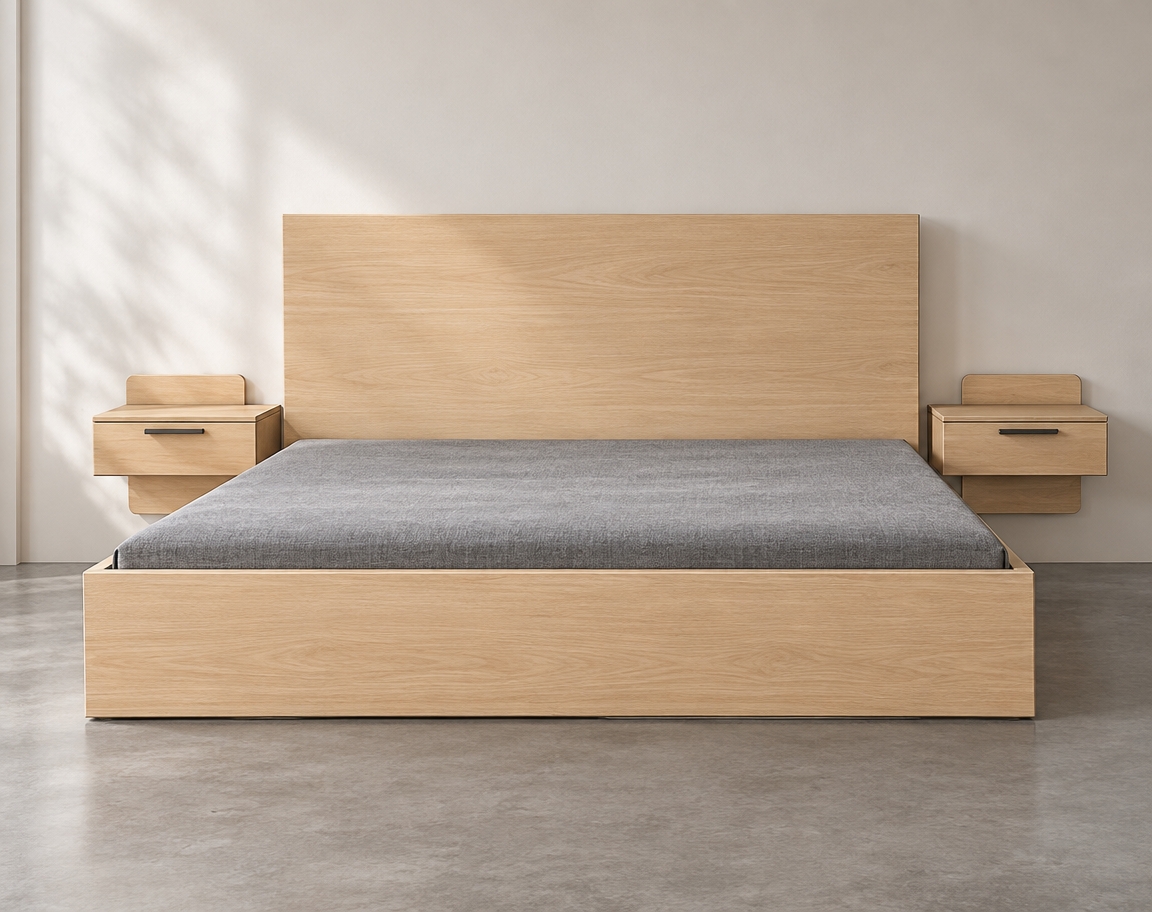 A photorealistic straight-on interior photograph of the minimalist bed and matching nightstands, preserving the exact layout, geometry, and composition. The bed frame and headboard feature a smooth light-blonde wood veneer with realistic grain micro-textures, complemented by dark brushed-metal handles and a finely textured grey linen mattress. Soft, diffused daylight illuminates the scene, casting subtle ambient contact shadows onto the smooth grey floor and neutral background wall, captured with a crisp 50mm lens and gentle natural contrast.