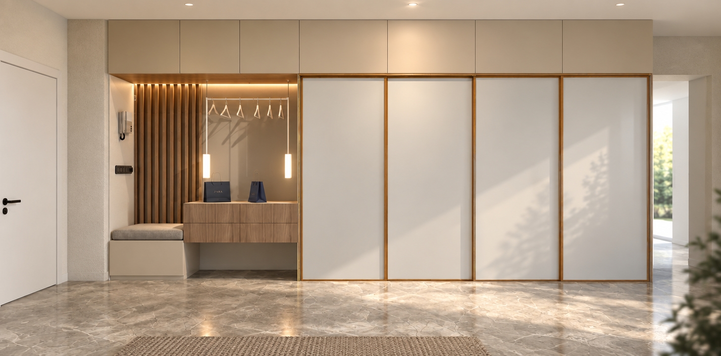 The photo captures a beautifully rendered, modern walk-in closet area, exuding a minimalist haven aesthetic through its clean lines and harmonious material palette. The space is anchored by a sophisticated, wall-to-wall storage system featuring a prominent set of four sliding doors on the right, finished in a light, matte white with slender, warm wooden frames that introduce a subtle natural element. Above these, a series of light beige, handleless upper cabinets provide extensive additional storage, maintaining the seamless, uncluttered look. To the left, a thoughtfully designed open zone serves as an immediate entryway or dressing area, defined by an elegant vertical wood slat partition that offers a soft visual division without fully enclosing the space. This section includes a practical, low-profile wooden drawer unit with two ample drawers, above which hangs a contemporary rail displaying several white hangers, flanked by two slender, cylindrical pendant lights that cast a gentle glow. Adjacent to this, a cozy, built-in bench seat with a light beige base and a plush grey fabric cushion invites comfortable use, while an intercom system is discreetly mounted on the textured grey wall to its left. The flooring throughout is a sophisticated grey marble-effect tile with subtle white veining, reflecting ambient light and contributing to the expansive feel. The entire composition speaks to meticulous organization and a serene, functional design, creating an inviting and highly efficient dressing or entry space.