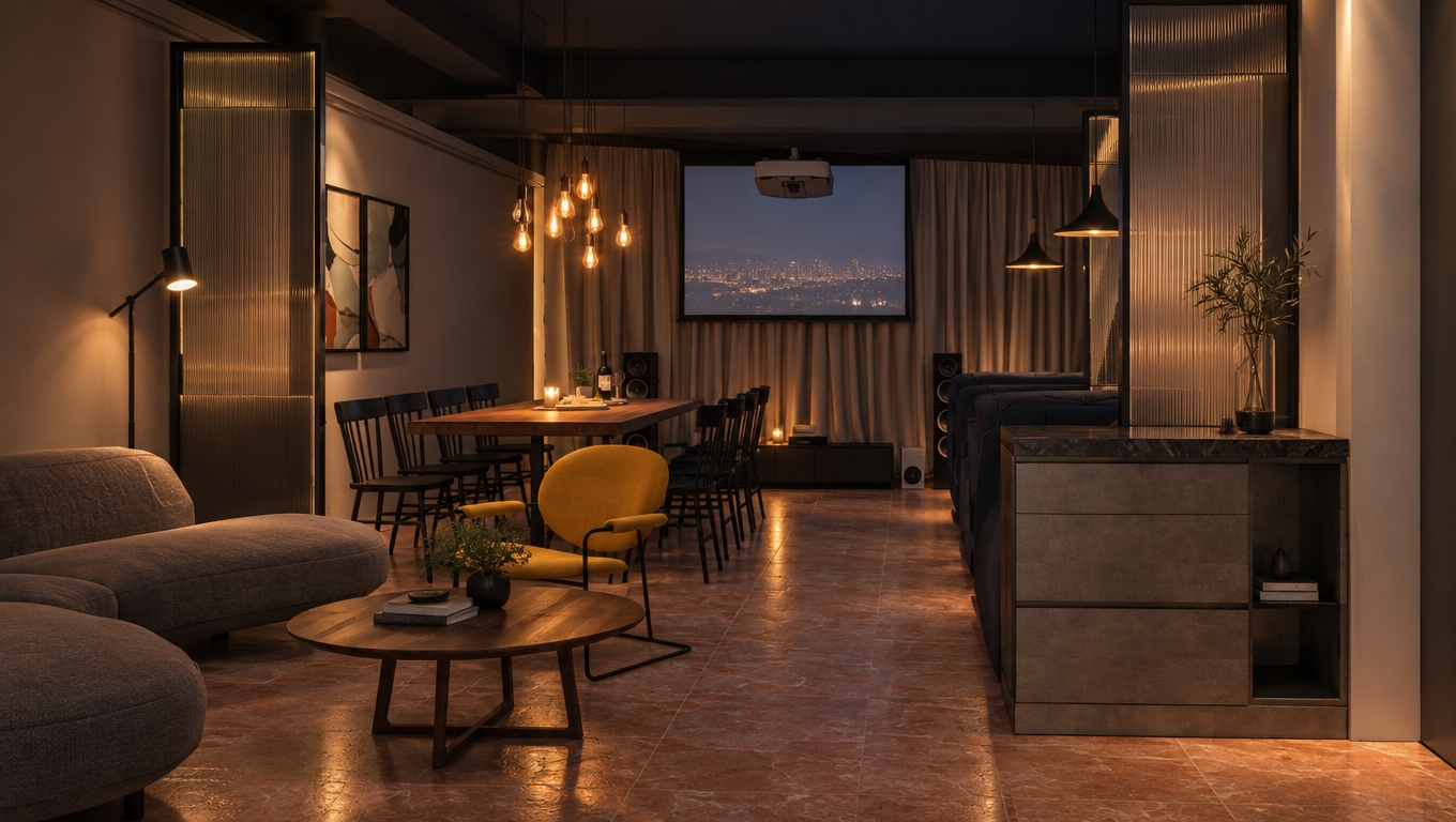 A photorealistic nighttime interior photograph of the modern second-floor bar lounge, strictly preserving the exact geometry, furniture layout, and camera perspective. The ceiling is painted matte dark gray, contrasting with realistic reddish-pink stone-textured porcelain floor tiles showing soft surface reflections. Intimate evening illumination is driven by the staggered cluster of warm exposed-filament pendant bulbs above the long wooden dining table, accented by soft light from the standing floor lamp and focused spot lighting on tabletops. The gray curved sofa, yellow armchair, dark cabinetry, and ribbed glass dividers exhibit natural tactile finishes, framed by smooth curtains and an ambiently lit projection screen, captured with realistic low-light exposure, balanced depth of field, and subtle camera grain.