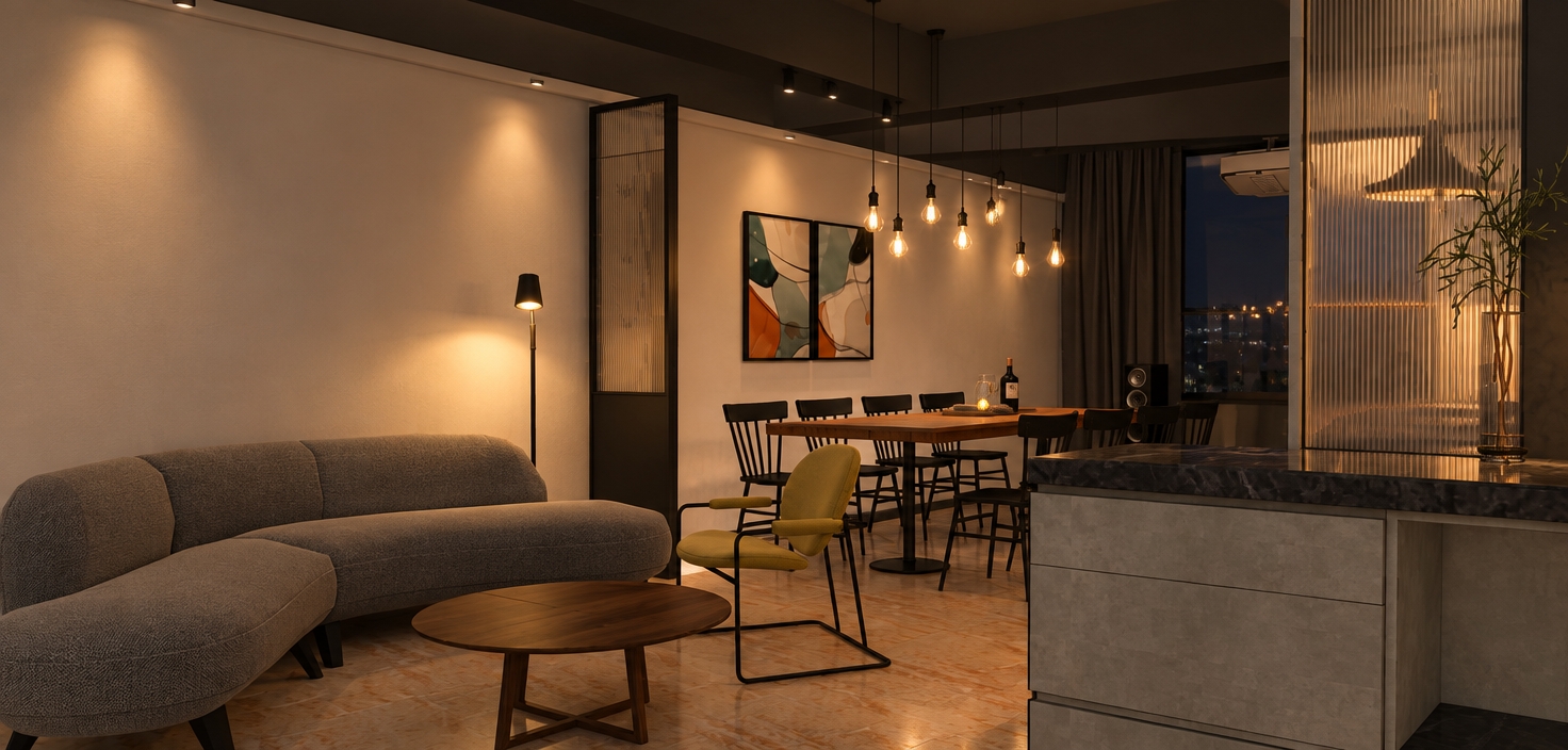 A photorealistic nighttime photograph of the modern second-floor bar lounge, precisely preserving the original geometry, composition, and camera angle. Staggered, warm-glowing exposed-filament pendant bulbs illuminate the wooden dining table alongside soft illumination from the floor lamp and subtle warm track lighting, creating an inviting, balanced evening ambiance with clear visibility. The dark gray ceiling features a tactile matte finish, contrasting with the warm orange-pink stone-patterned floor tiles displaying soft, authentic reflections. Textures are rendered with photorealistic precision: woven fabric on the curved gray sofa, a mustard armchair, natural wood grain on the tables, translucent fluted glass on the room divider, and polished stone on the foreground island, captured with natural depth of field and subtle architectural photographic grain.