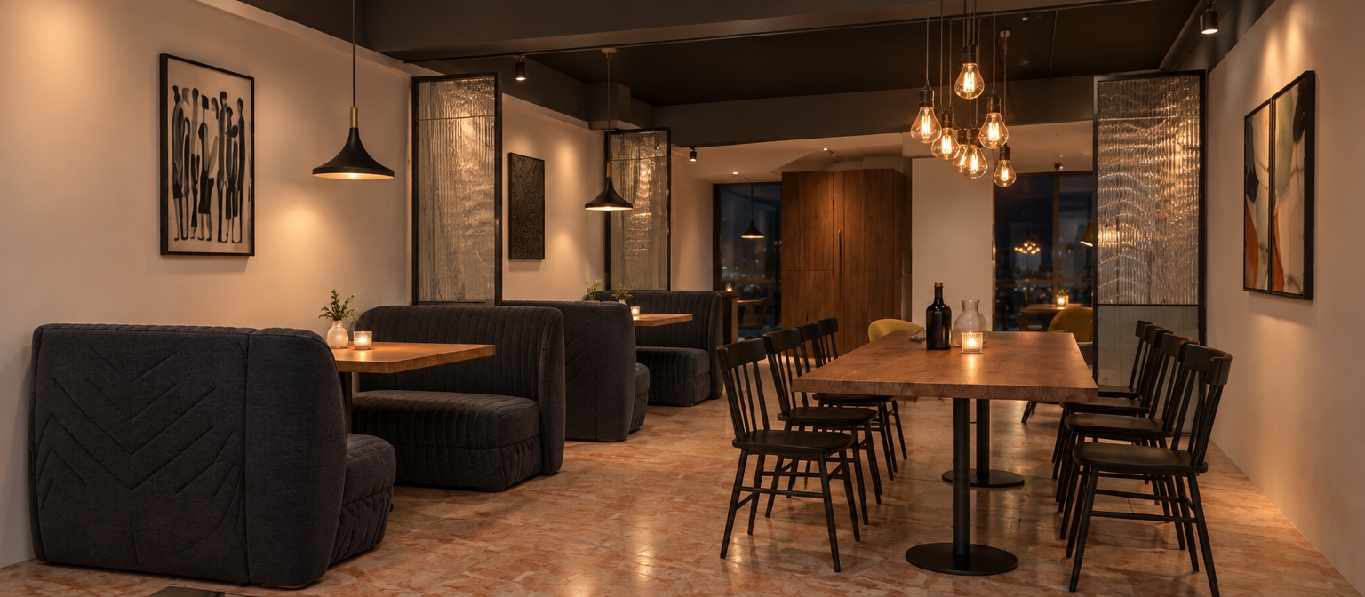 A photorealistic interior photograph of a modern second-floor bar at night, strictly preserving the original geometry, perspective, and composition. The matte dark gray painted ceiling frames the room under balanced ambient interior exposure, while the flooring is rendered as orange-pinkish veined stone tile with subtle, realistic reflections. The dining setup features smooth natural wood tabletops, dark matte wooden spindle chairs, and plush charcoal fabric booths set against crisp white accent walls and semi-translucent patterned glass divider screens. Overhead, the staggered cluster of exposed filament pendant bulbs over the long wooden table glows with warm incandescent warmth, complemented by focused downlight pendants and subtle track accents over the booth tables, captured with natural depth of field, gentle lens falloff, and authentic photographic grain.