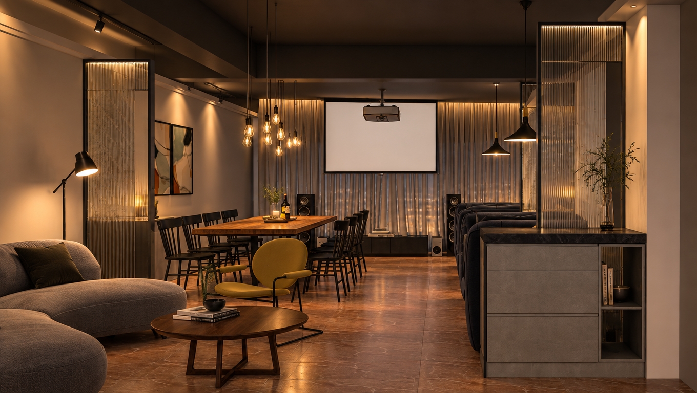 A photorealistic architectural photograph capturing the exact scene of a modern second-floor bar at night, retaining the original geometry, furniture arrangement, and eye-level perspective. The dark gray painted ceiling contrasts with illuminated warm pendant bulbs clustered casually above the central wooden dining table, while ambient floor lamps, fluted glass partitions, and focused accent track lights create gentle pools of warm light across the room with slightly elevated overall exposure. The flooring features subtle orange-reddish stone textured tiles showing soft specular reflections, complemented by realistic fabric textures on the gray sofa, translucent drapery behind the projector screen, and dark metal finishes, rendered with natural camera depth of field, balanced shadows, and clean digital photographic clarity.