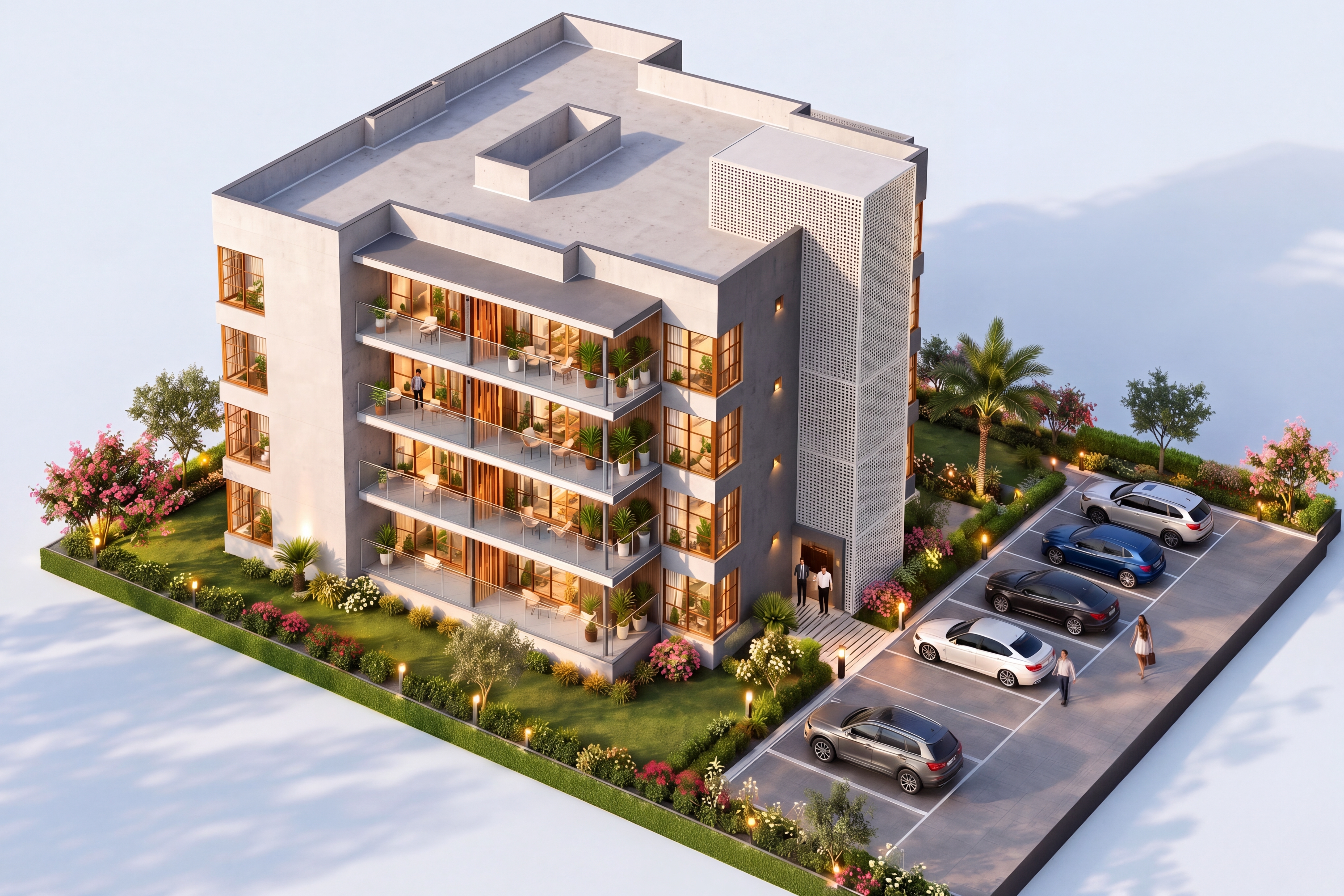 Image réaliste, finitions grand standing, jardin fleuri, voitures sur parking, des personnages