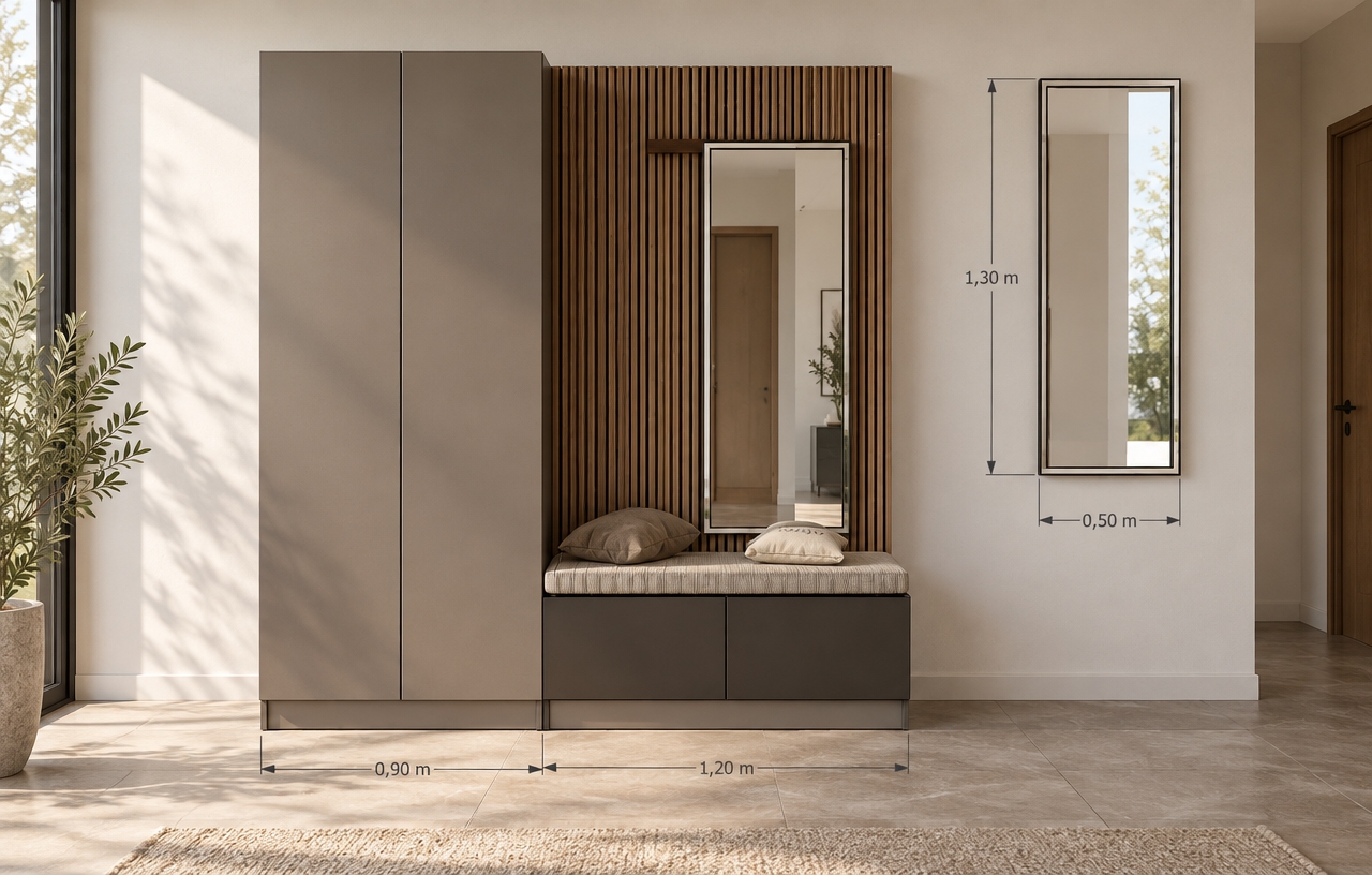 A crisp architectural photograph of the entryway unit, strictly preserving the exact geometry, placement, and straight-on perspective. The scene is illuminated by clean, bright midday spring sunlight streaming from the side, producing natural contact shadows and soft ambient fill. The tall wardrobe showcases an ultra-matte taupe laminate texture, set against the depth and tactile grain of the vertical wood-slat accent panel. The upholstered bench features realistic fabric weave with natural creasing on the soft throw pillows, while the rectangular mirror casts authentic glass reflections. Shot on a 50mm lens at f/5.6, capturing fine surface micro-textures, balanced natural exposure, and subtle photographic depth.
