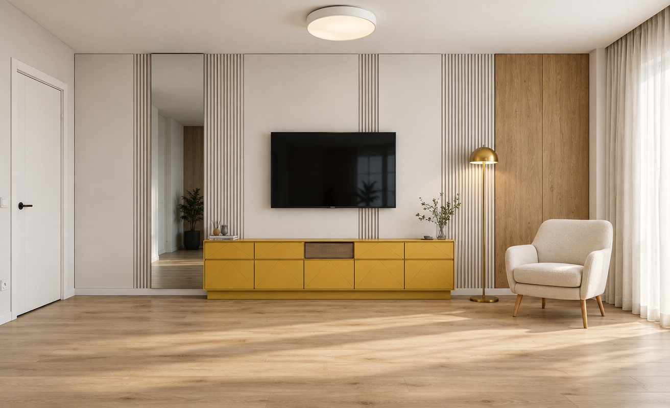 A photorealistic interior photograph captured at eye level with a wide-angle 35mm lens, accurately rendering the room's exact composition and geometry without annotations. Soft, natural daylight diffuses through the pleated linen curtains on the right, illuminating realistic white vertical slatted wall panels, a full-height reflective glass mirror, and a warm natural oak accent panel. At the center, a mustard-yellow low-profile credenza exhibits realistic matte painted wood grain and subtle panel seams beneath a sleek, wall-mounted television displaying subtle screen reflections. Light oak flooring shows natural plank textures and soft cast shadows. In the corner, a cozy textured fabric armchair sits beside a brass floor lamp, with a flush minimalist circular ceiling light emitting a soft ambient glow, completing a clean, warmly lit architectural interior with crisp depth and subtle photographic grain.
