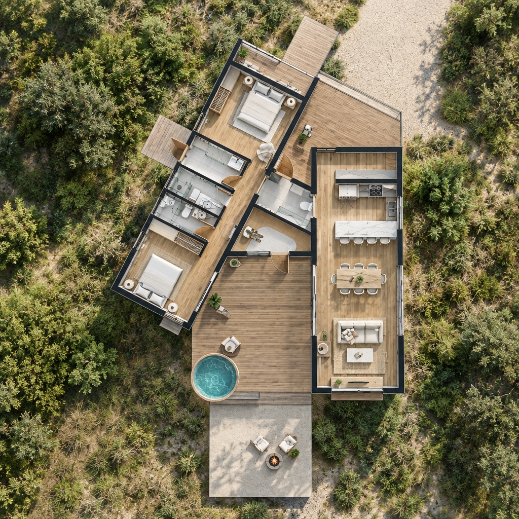 An incredibly lifelike, richly detailed, photorealistic top-down bird’s-eye perspective of a modern architectural floor plan set in a sun-drenched summer landscape. The scene is illuminated by clear, natural midday sunlight casting soft drop shadows and realistic ambient occlusion along every wall and piece of furniture, creating a tranquil, sophisticated, and airy atmosphere. Captured with a high-resolution overhead architectural lens, emphasizing natural tactile textures, organic materials, and clean spatial definition. Seamless honey-toned light wood flooring spans the private bedrooms and the open-concept living wing, contrasted by cool matte ceramic tiles in the modern bathrooms. On the left, bedrooms are dressed in crisp white linen bedding with soft pillows and bespoke built-in cabinetry, while the bathrooms feature pristine white porcelain and sleek glass shower enclosures. To the right, a luxurious stone-topped island and stainless-steel appliances define the kitchen, leading to an elegant dining suite and an inviting, fabric-upholstered living lounge centered over a woven area rug. Outside, finely textured slatted timber decking connects the two wings, featuring a circular sunken plunge pool, outdoor lounge chairs, and scattered figures enjoying the warm breeze around an open terrace fire pit.