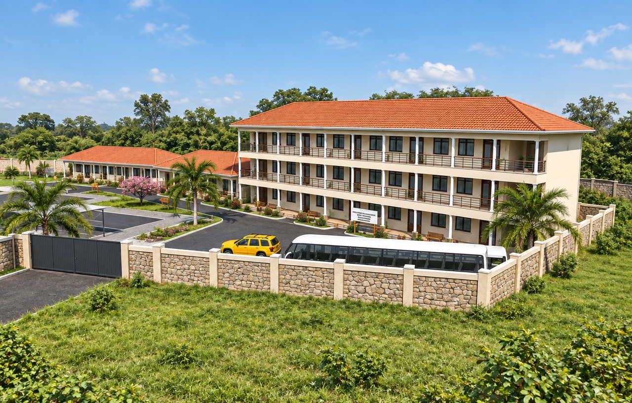 A sharp, photorealistic architectural photograph of the multi-building compound under natural midday sunlight, preserving the exact elevated camera angle and composition. The green horizon behind the main building is naturally populated with lush, leafy trees against a clear sky with soft clouds. The boundary wall features textured natural stone masonry, while the building showcases finely detailed columns, crisp terracotta roof tiles, clean window glazing with subtle reflections, and authentic plaster surfaces. True-to-life reflections and paint finishes define the yellow vehicle and white bus on the asphalt, with realistic, uneven grass blades covering the foreground and perimeter, all rendered with clean photographic depth, balanced exposure, and crisp architectural lens clarity.