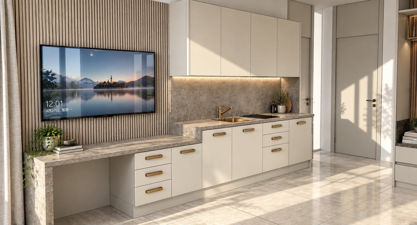 An architectural interior photograph of this exact kitchenette and desk scene illuminated by bright, direct midday summer sunlight. Crisp natural light streams into the space, casting defined geometric shadows and generating warm ambient bounce across the room. The off-white cabinetry features a smooth matte finish complemented by the soft metallic sheen of the brushed brass hardware, while the stepped grey stone countertop and backsplash exhibit realistic aggregate micro-textures. The vertical fluted paneling creates natural linear depth behind the television screen, which displays a realistic glossy reflection of the bright room. Shot with a 24mm architectural tilt-shift lens, the image displays straight vertical perspective, balanced high dynamic range exposure, subtle floor tile reflections, and faint natural lens grain.