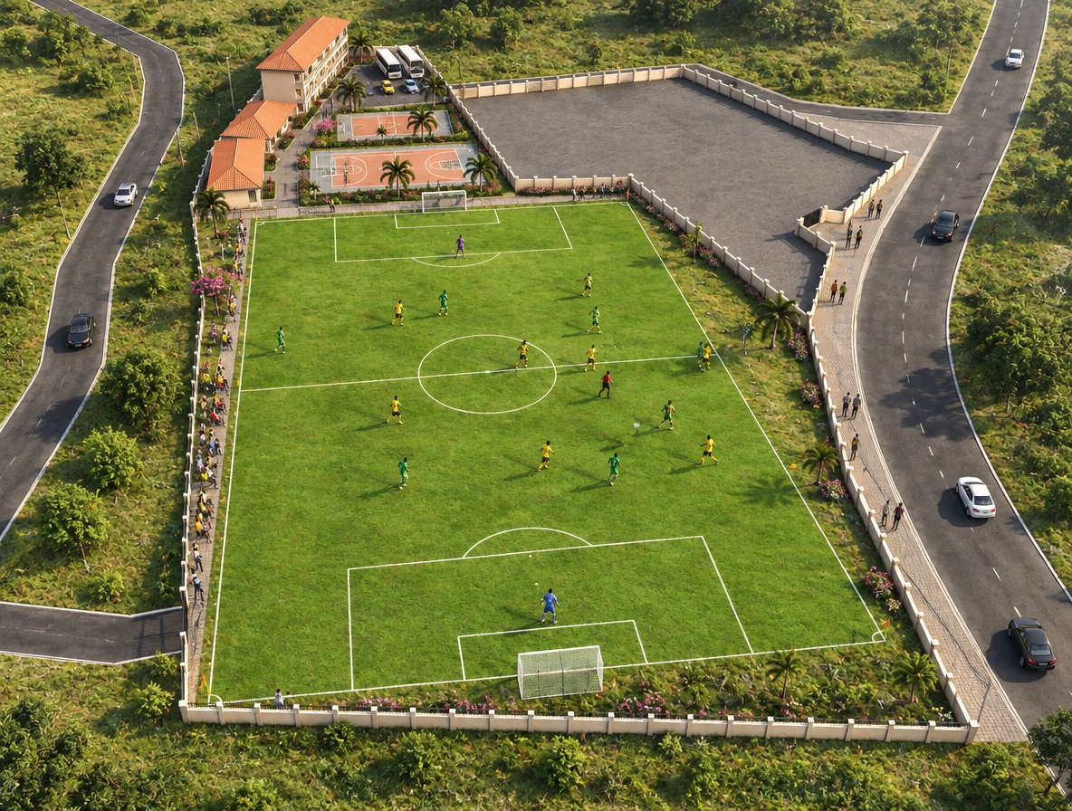 A crisp high-angle aerial photograph taken in clear afternoon sunlight, capturing the exact layout and perspective of the sports complex. On the vibrant, natural lawn-textured soccer pitch, an African football team actively plays a match while spectators and pedestrians stroll along the adjoining concrete paver walkways and court edges. The scene is illuminated by warm, direct sunlight casting sharp, realistic diagonal shadows from the buildings, perimeter walls, and palm trees. Architectural details feature authentic terracotta clay roof tiles, smooth concrete columns, painted court lines with subtle scuff marks, and manicured flowery planters bordering the paths. The surrounding natural grass hillsides show realistic organic variation in texture and tone, captured through a sharp drone-mounted wide-angle lens with subtle ambient atmospheric haze and natural dynamic range.