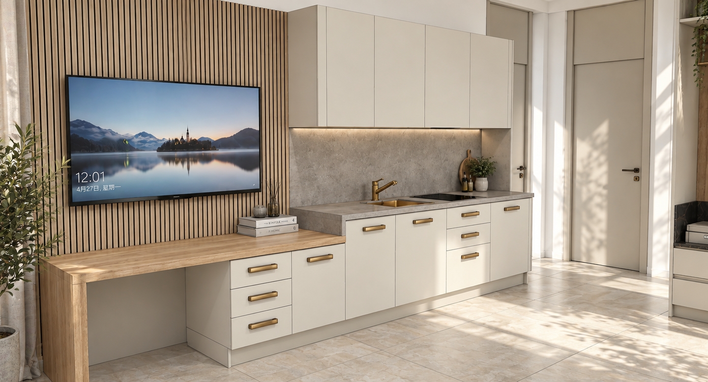 A clean architectural photograph of this modern interior scene bathed in bright, natural summer midday sunlight, captured with a wide-angle lens maintaining precise perspective. The space is illuminated by soft, high-key ambient light and sharp daylight reflections, highlighting realistic textures: the natural grain and satin finish of the light oak countertop, subtle tactile roughness on the concrete kitchen worktop and backsplash, clean matte surfaces on the off-white cabinetry, and faint gloss reflections on the television display and brass faucet. Authentic soft contact shadows ground the cabinetry against the large-format floor tiles, accompanied by gentle depth of field and subtle lens characteristics to yield a fully photorealistic interior shot.
