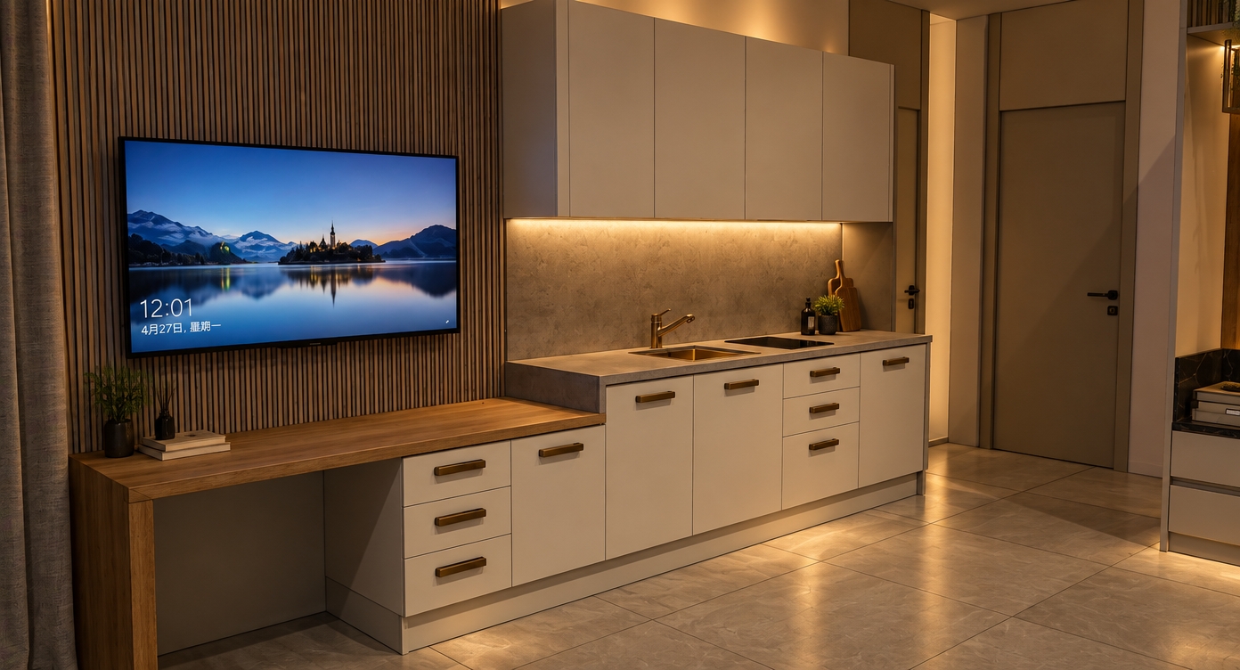 A photorealistic architectural interior photograph capturing the exact modern studio layout at night during spring, illuminated by warm, dim ambient indoor lighting and subtle under-cabinet glow reflecting across the concrete countertop and metallic sink. The TV screen casts a soft, natural glow against the vertically slatted wall paneling, highlighting realistic wood grain textures on the low desk and a matte, smooth lacquer finish across the off-white cabinetry. Large-format porcelain floor tiles exhibit subtle soft reflections and fine grout lines, captured with a sharp wide-angle lens showing natural shadow depth, mild ISO sensor grain, and faint vignette in the ambient darkness.