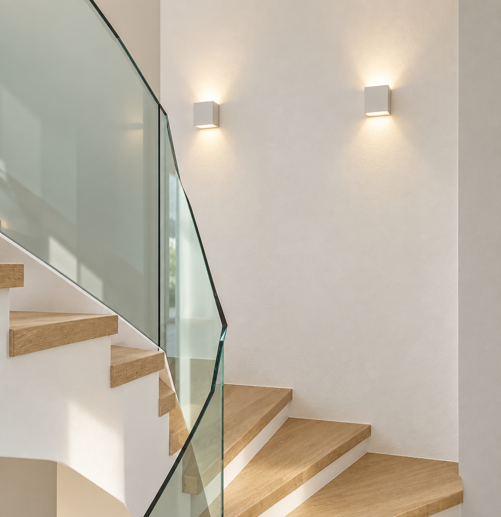 A crisp architectural photograph captures this staircase with a 35mm lens, featuring natural light-oak wooden treads, clean matte-white risers, and a clear tempered-glass balustrade with subtle edge reflections. Against the smooth, off-white walls, the two square sconces cast warm up-and-down light cones, generating soft wall gradients and gentle contact shadows under each tread. Natural ambient illumination fills the space, highlighting realistic material physics, fine drywall micro-textures, and faint glass refractions with lifelike clarity.